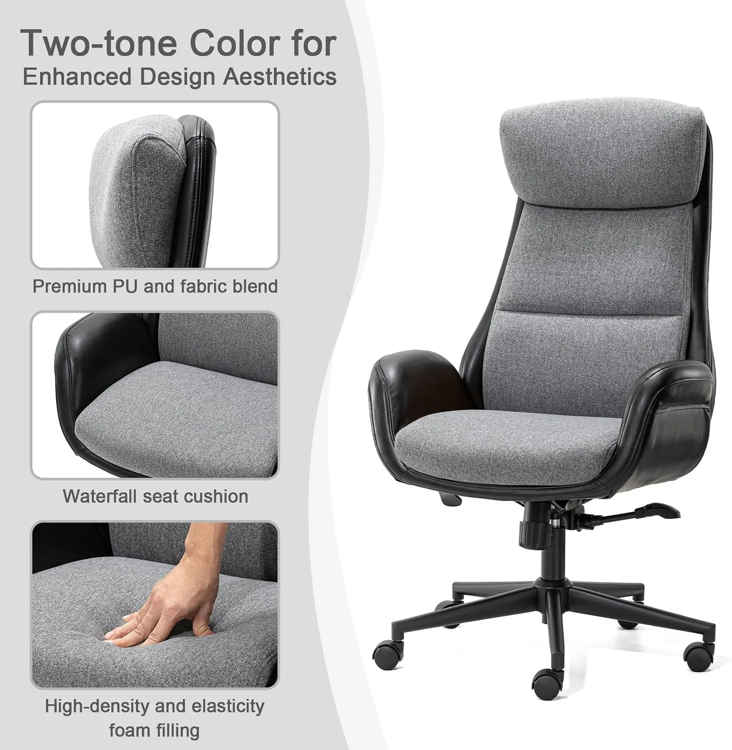 Glitzhome Mid-Century Modern Two-Tone Color High Back Leatherette Swivel Chairs - Adjustable Gaslift Office Task Chairs, Black & Gray