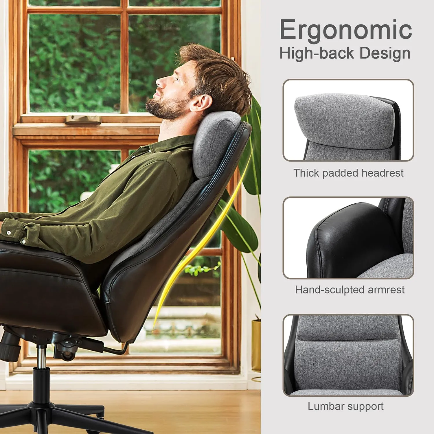 Glitzhome Mid-Century Modern Two-Tone Color High Back Leatherette Swivel Chairs - Adjustable Gaslift Office Task Chairs, Black & Gray