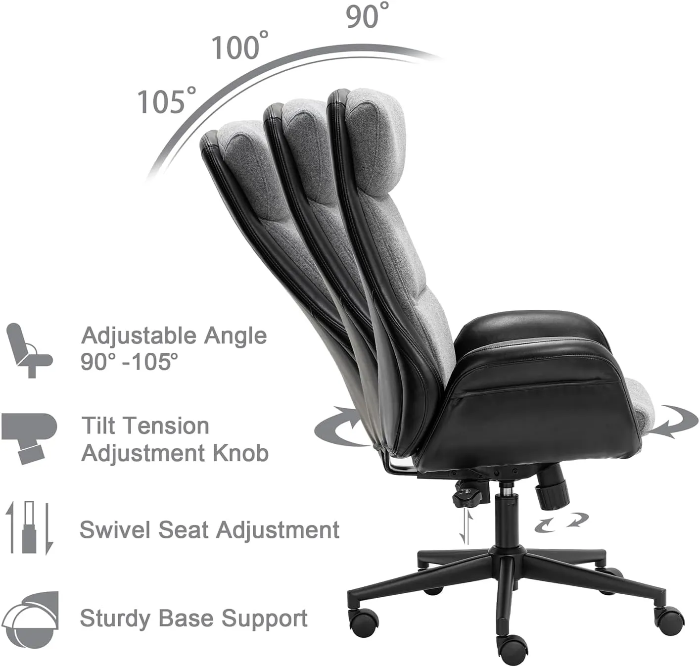 Glitzhome Mid-Century Modern Two-Tone Color High Back Leatherette Swivel Chairs - Adjustable Gaslift Office Task Chairs, Black & Gray