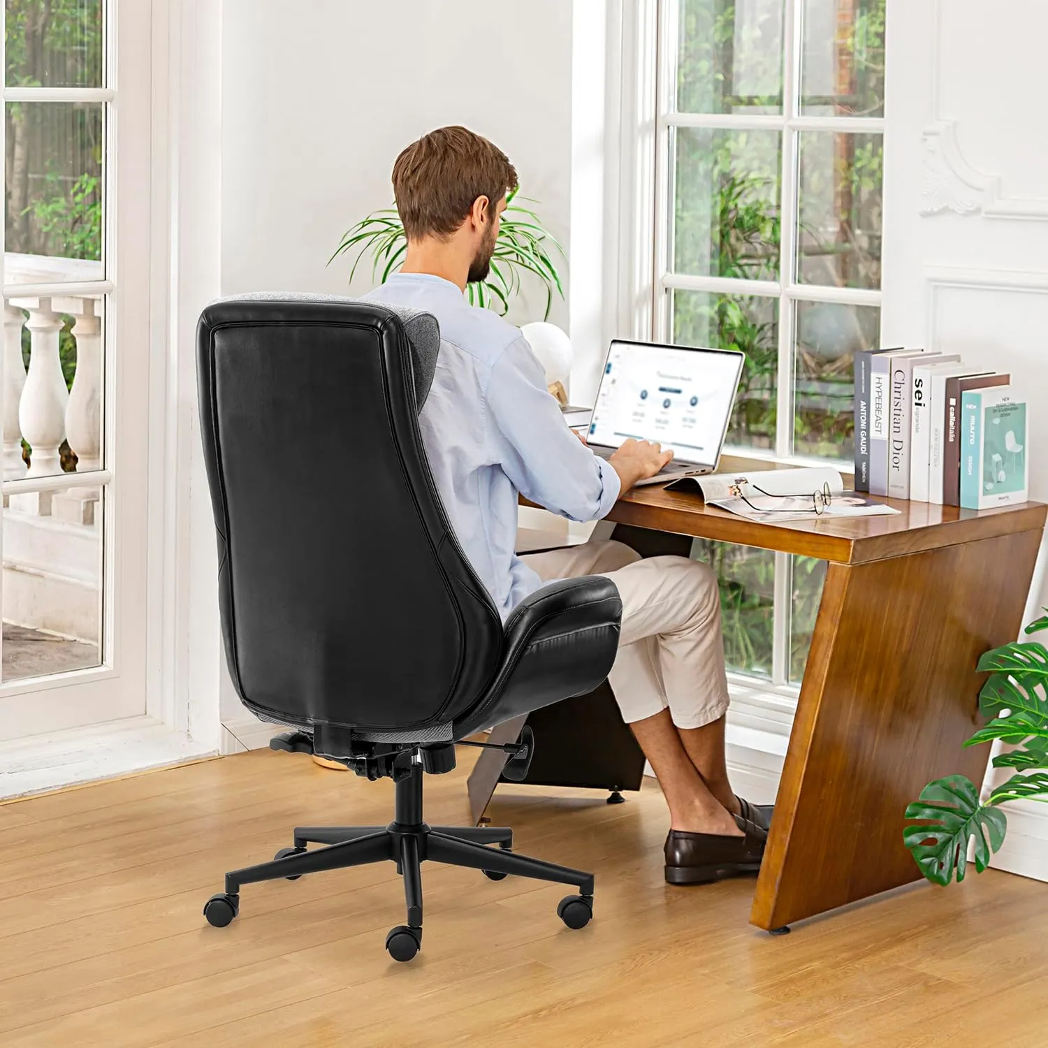Glitzhome Mid-Century Modern Two-Tone Color High Back Leatherette Swivel Chairs - Adjustable Gaslift Office Task Chairs, Black & Gray