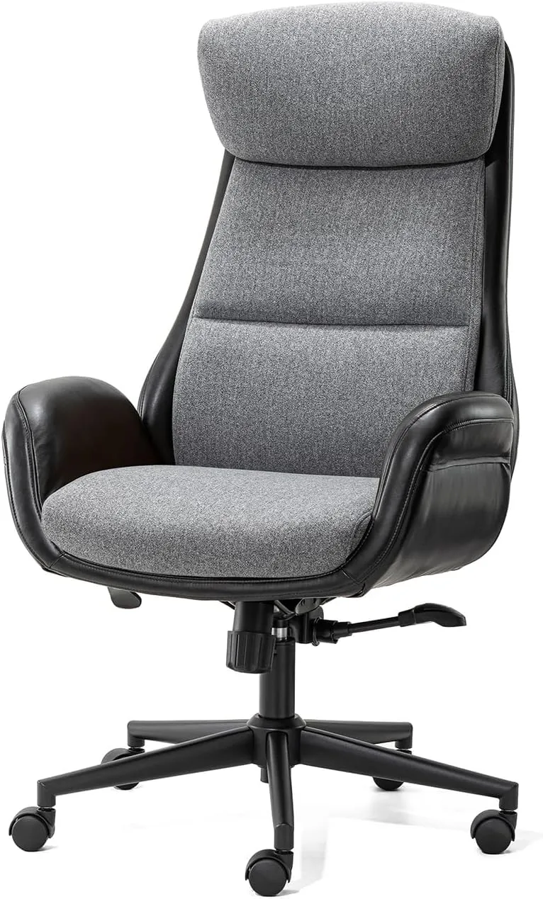 Glitzhome Mid-Century Modern Two-Tone Color High Back Leatherette Swivel Chairs - Adjustable Gaslift Office Task Chairs, Black & Gray