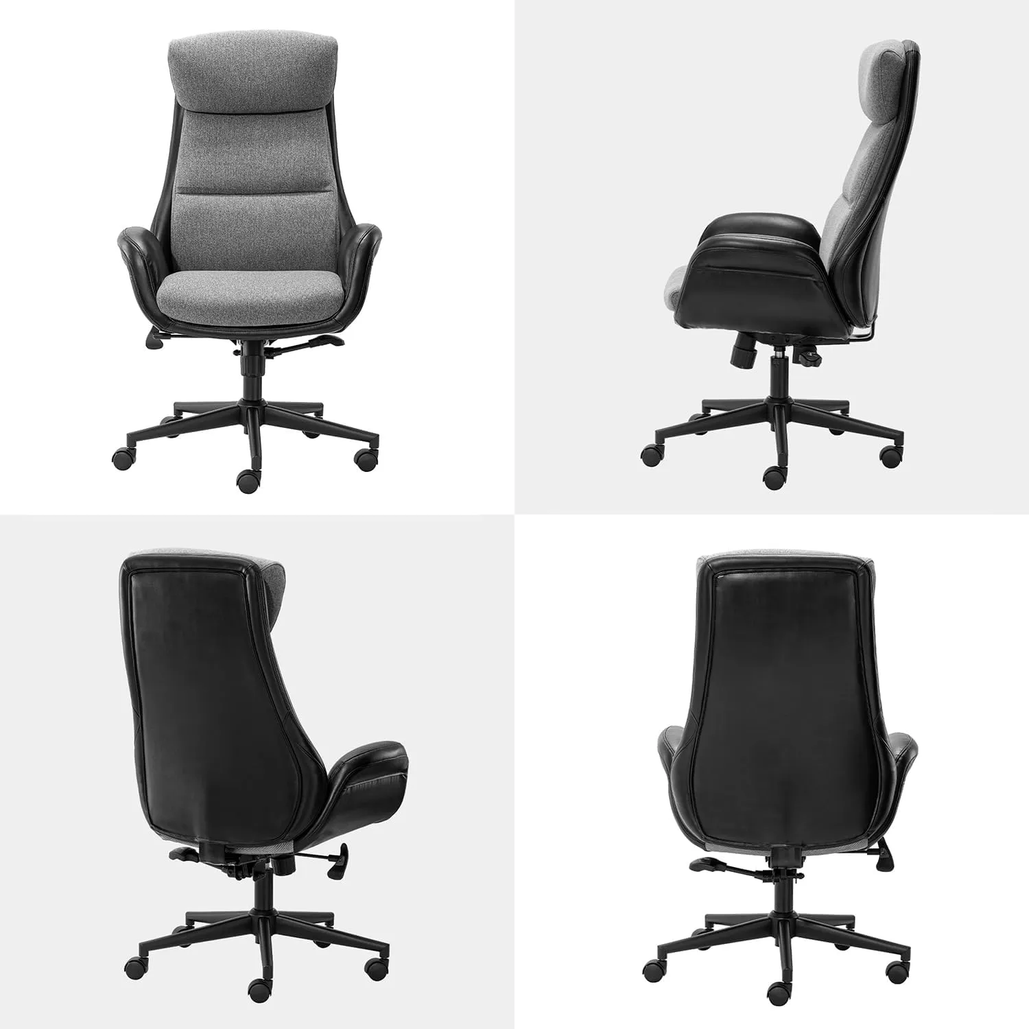 Glitzhome Mid-Century Modern Two-Tone Color High Back Leatherette Swivel Chairs - Adjustable Gaslift Office Task Chairs, Black & Gray