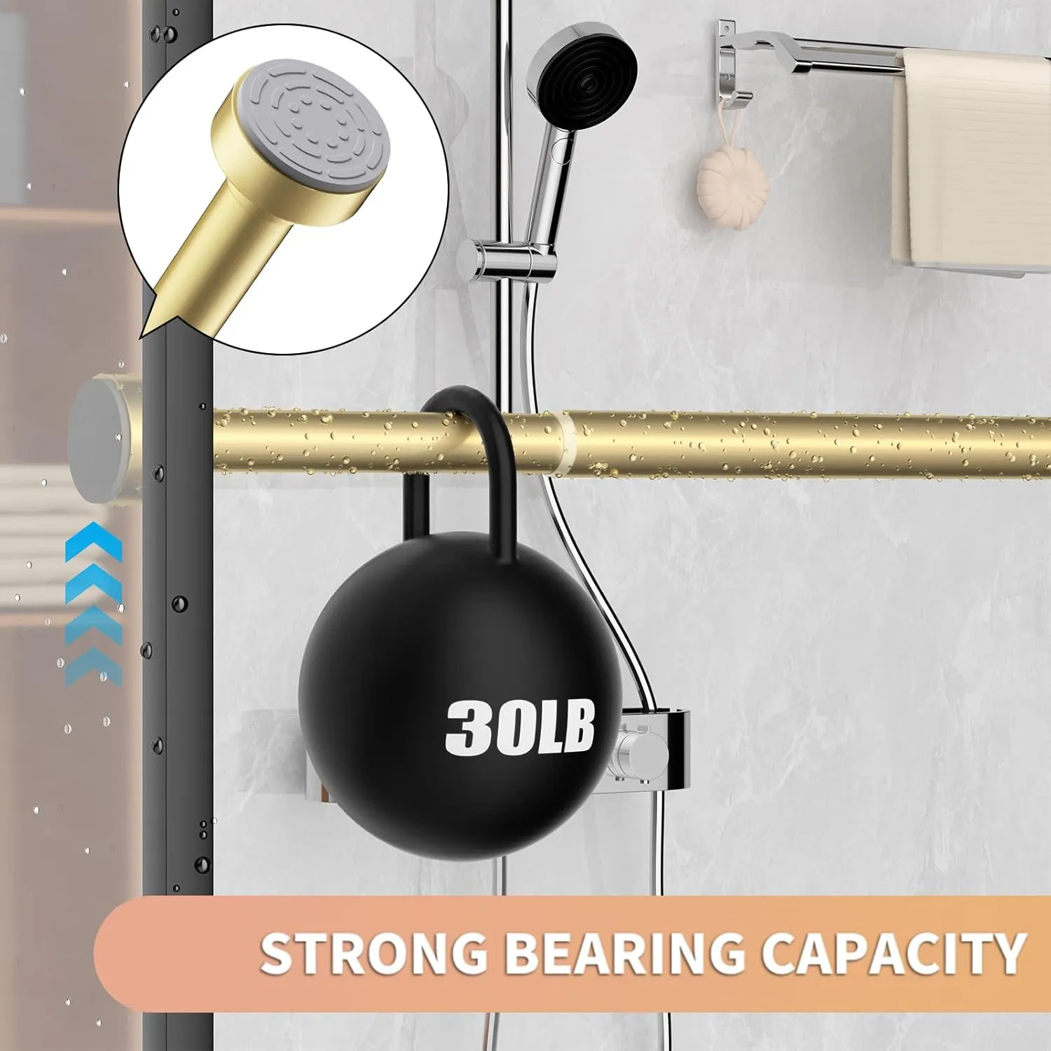 Gold Shower Curtain Rod 34-82 Inches(2.8-6.8ft) Never Rust Adjustable Shower Rod Spring Tension Non Slip No Drilling Shower Rods for Bathroom Garland Window