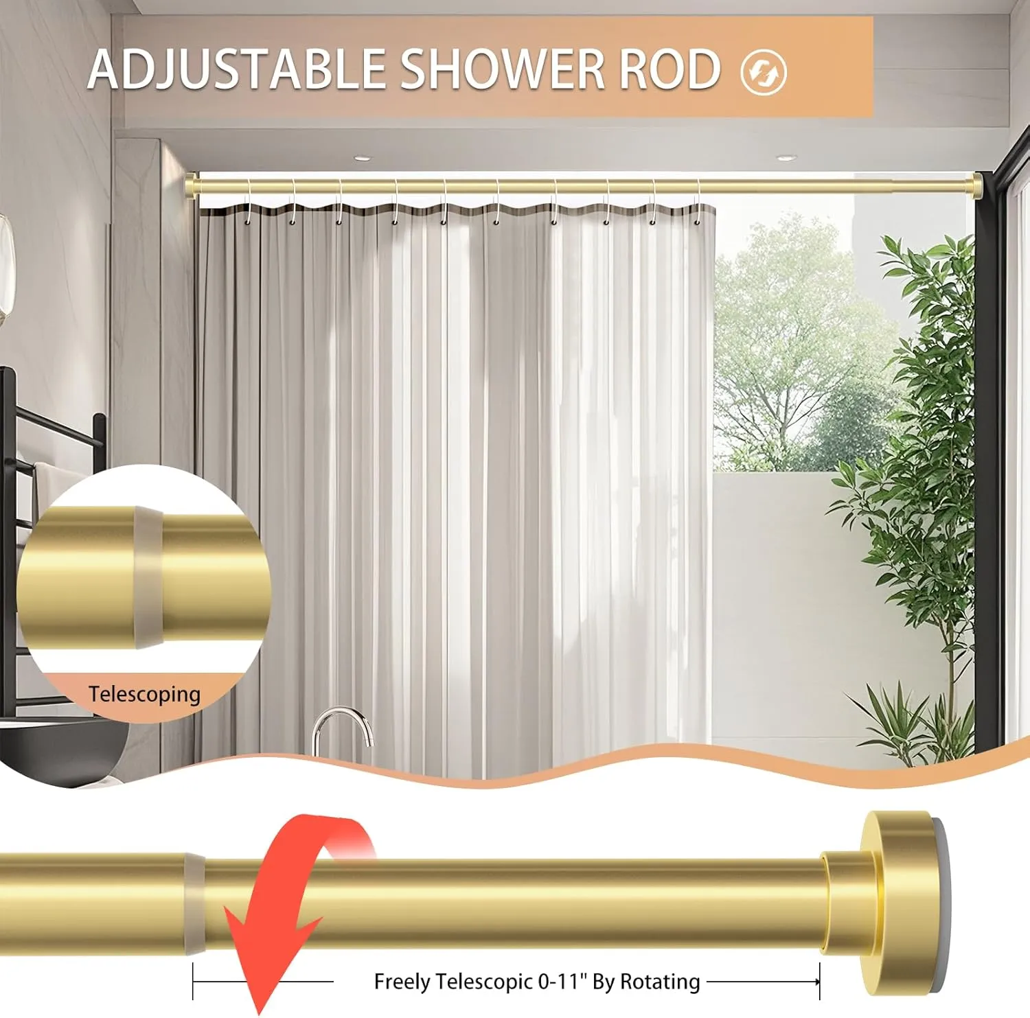 Gold Shower Curtain Rod 34-82 Inches(2.8-6.8ft) Never Rust Adjustable Shower Rod Spring Tension Non Slip No Drilling Shower Rods for Bathroom Garland Window