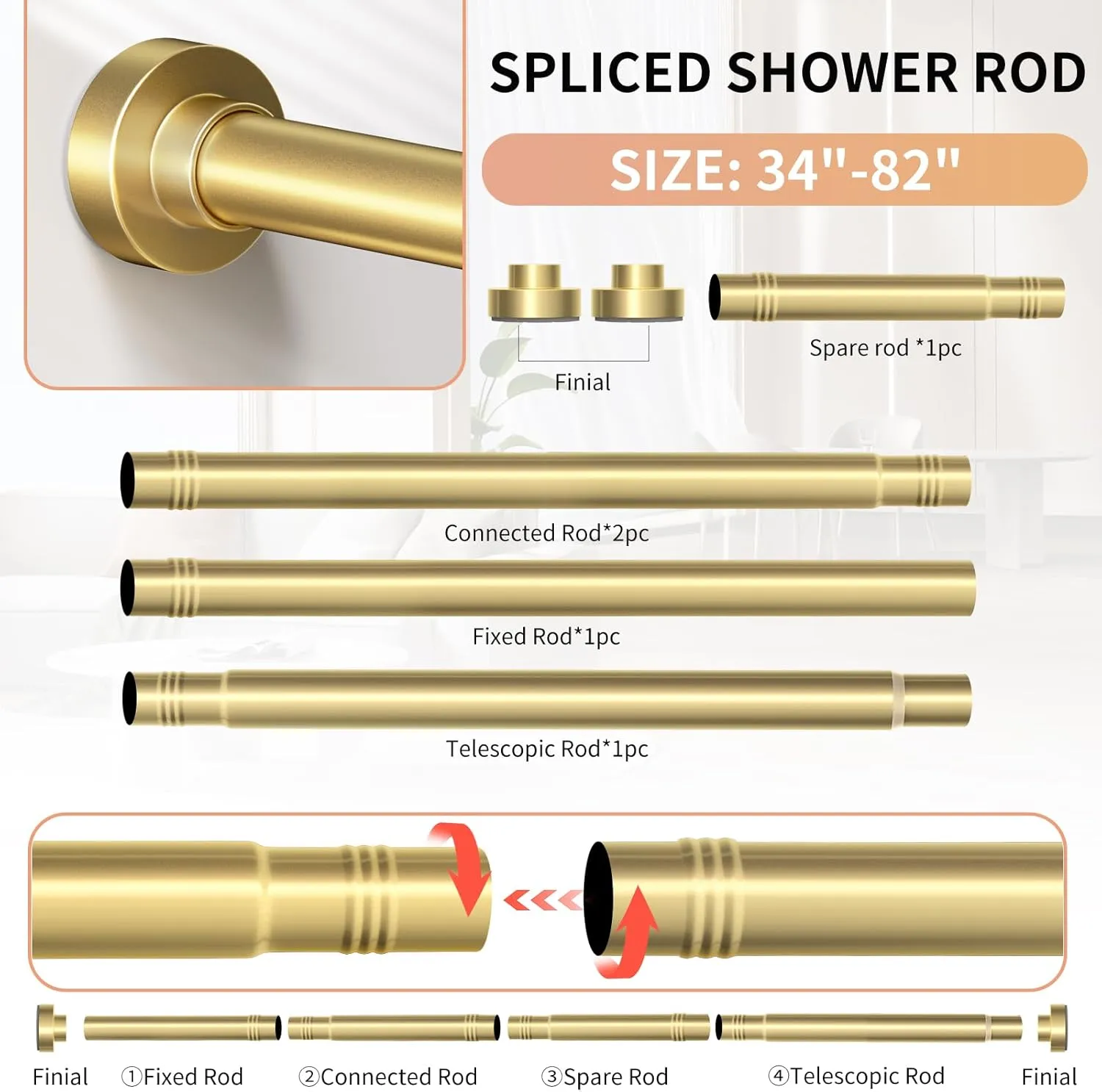 Gold Shower Curtain Rod 34-82 Inches(2.8-6.8ft) Never Rust Adjustable Shower Rod Spring Tension Non Slip No Drilling Shower Rods for Bathroom Garland Window