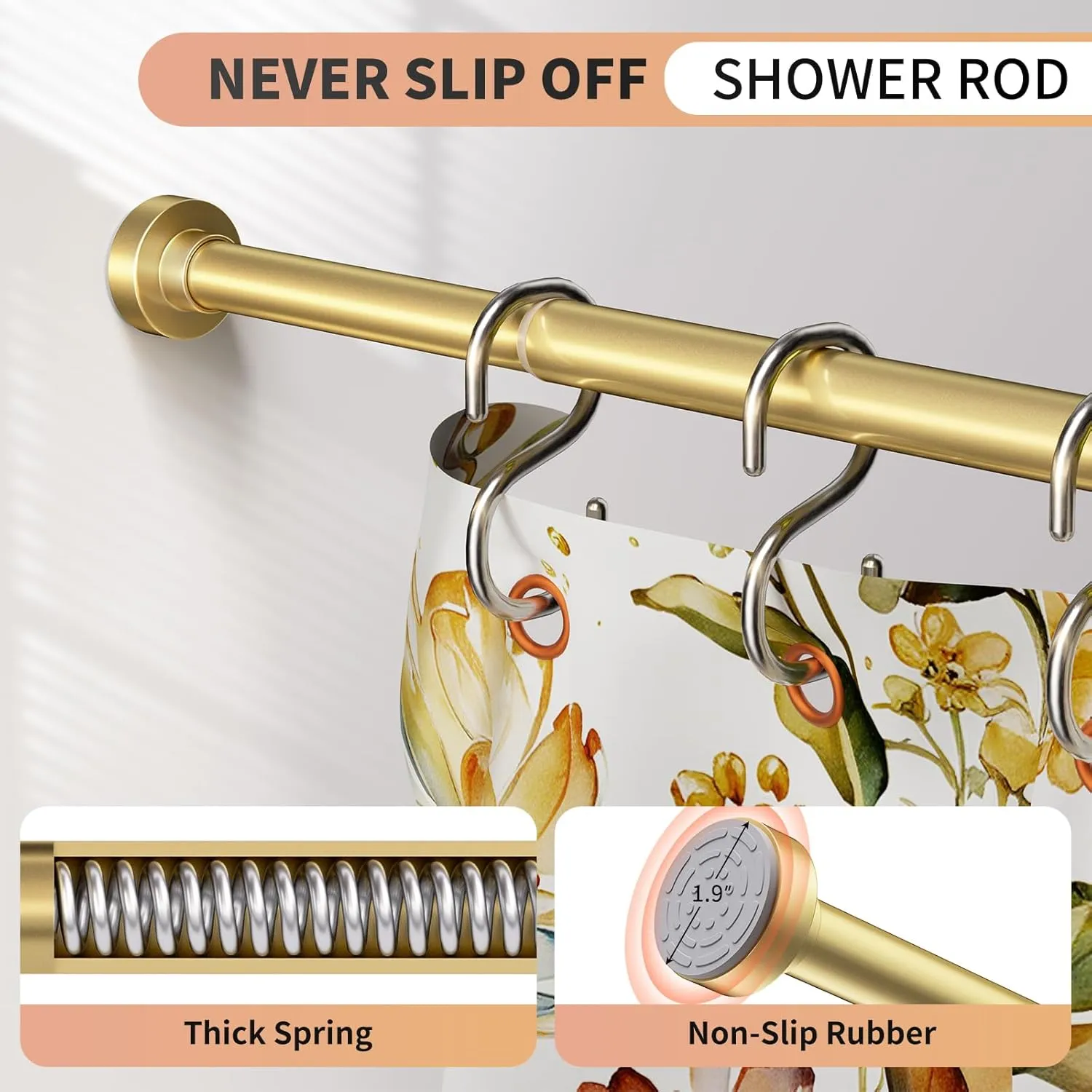 Gold Shower Curtain Rod 34-82 Inches(2.8-6.8ft) Never Rust Adjustable Shower Rod Spring Tension Non Slip No Drilling Shower Rods for Bathroom Garland Window