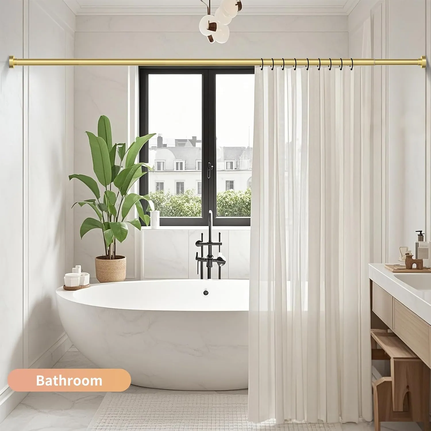 Gold Shower Curtain Rod 34-82 Inches(2.8-6.8ft) Never Rust Adjustable Shower Rod Spring Tension Non Slip No Drilling Shower Rods for Bathroom Garland Window