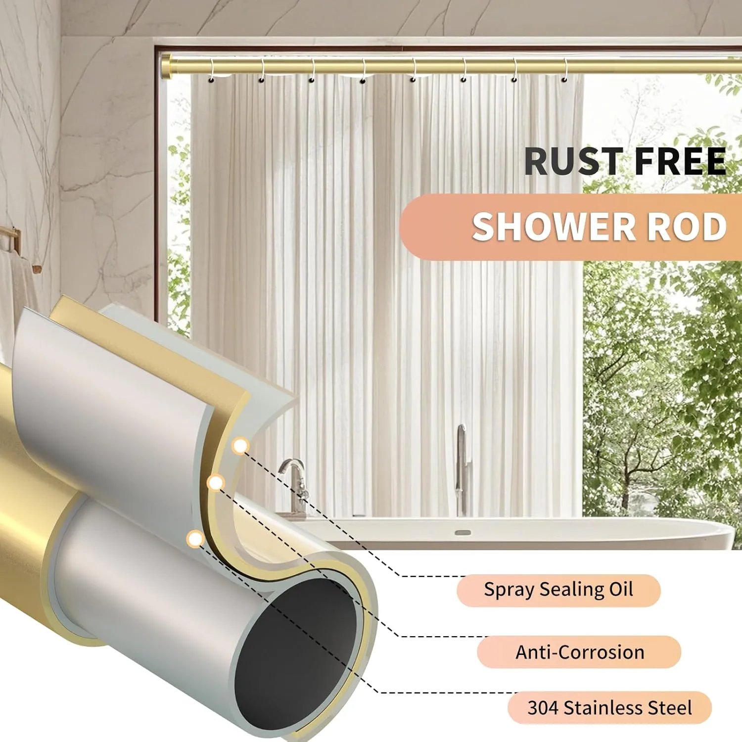 Gold Shower Curtain Rod 34-82 Inches(2.8-6.8ft) Never Rust Adjustable Shower Rod Spring Tension Non Slip No Drilling Shower Rods for Bathroom Garland Window