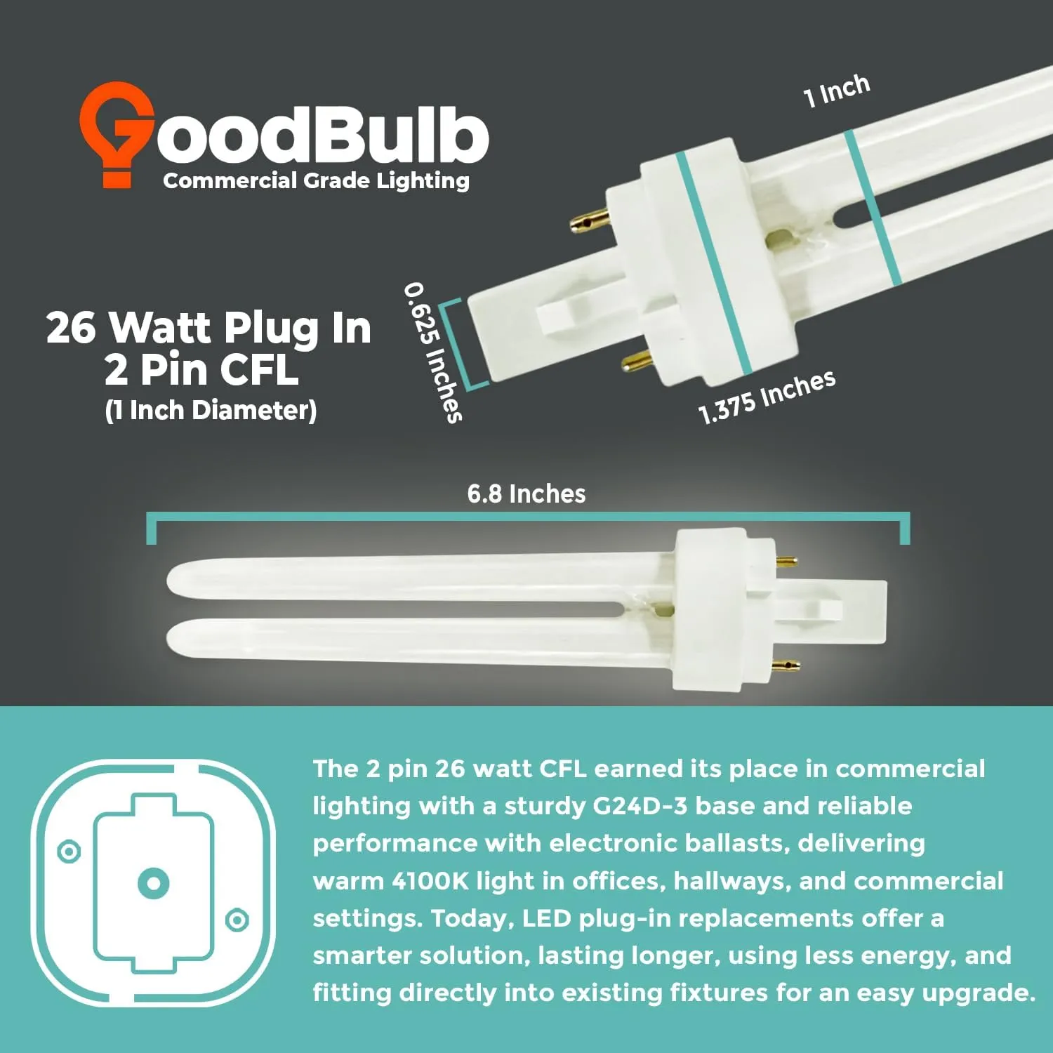GoodBulb 26 Watt CFL Light Bulbs 2 Pin G24D-3 Base 4100K Cool White 26W High Output 1800 Lumens Double Tube Compact Fluorescent Light Bulbs Plug-in 10 Pack