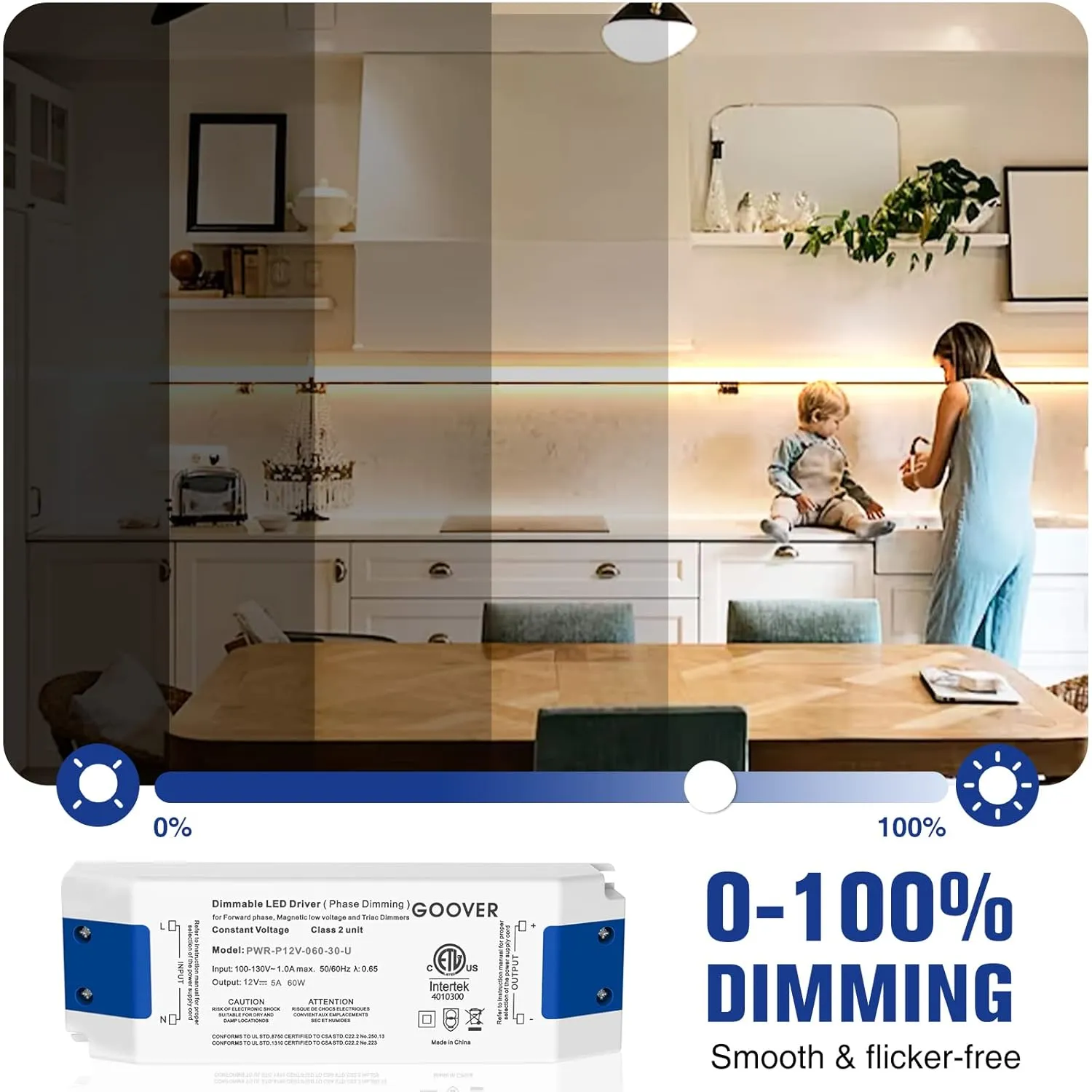GOOVER 60W Triac Dimmable Driver,Power Supply,AC 120V to DC 12V Transformer,Compatible with Lutron and Leviton Dimmers,for LED Lighting,Class 2,ETL Certified