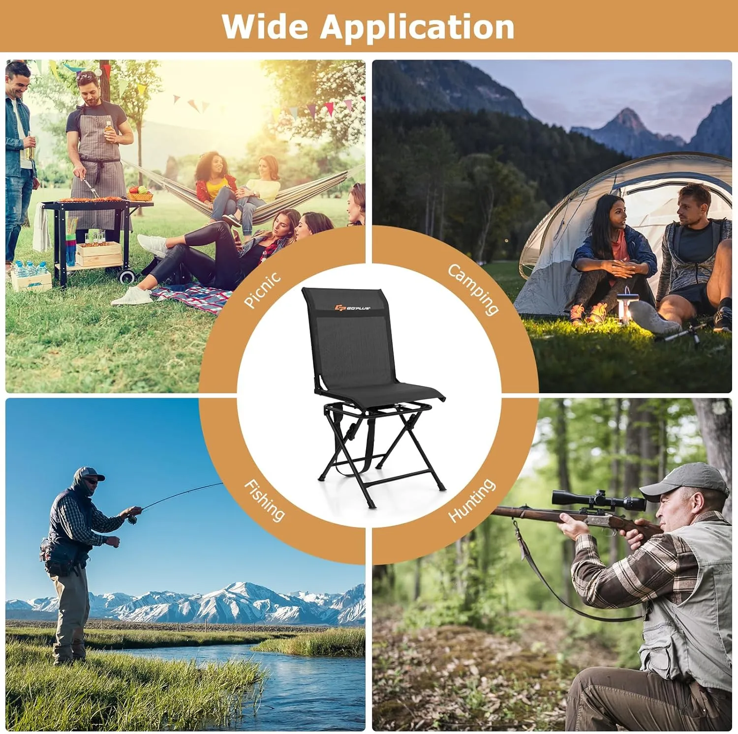 Goplus Hunting Chair, 360°Swivel Hunting Blind Chair with Carrying Strap,330LBS Capacity, Folding Silent Deer Hunting Chair, Portable Ground Blind Chair for Fishing Camping (Without Armrest, Black)