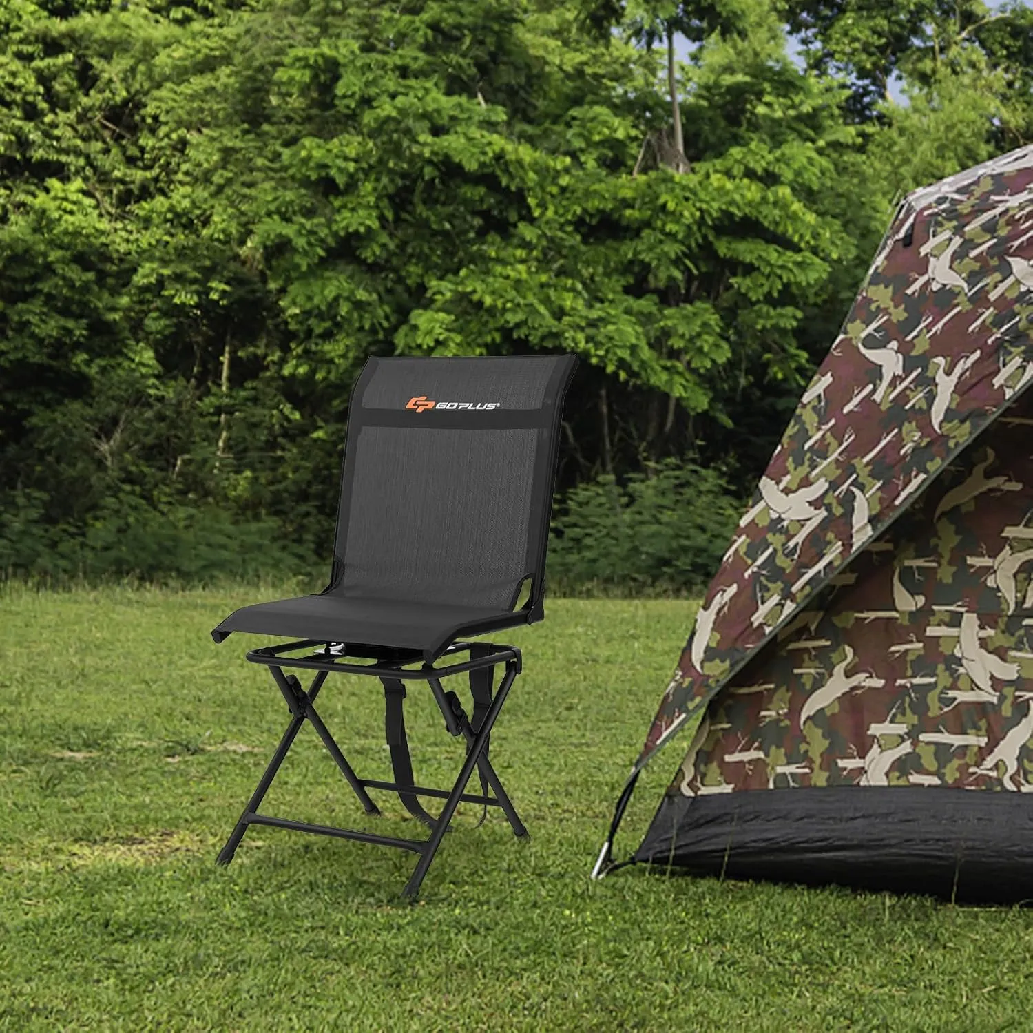 Goplus Hunting Chair, 360°Swivel Hunting Blind Chair with Carrying Strap,330LBS Capacity, Folding Silent Deer Hunting Chair, Portable Ground Blind Chair for Fishing Camping (Without Armrest, Black)