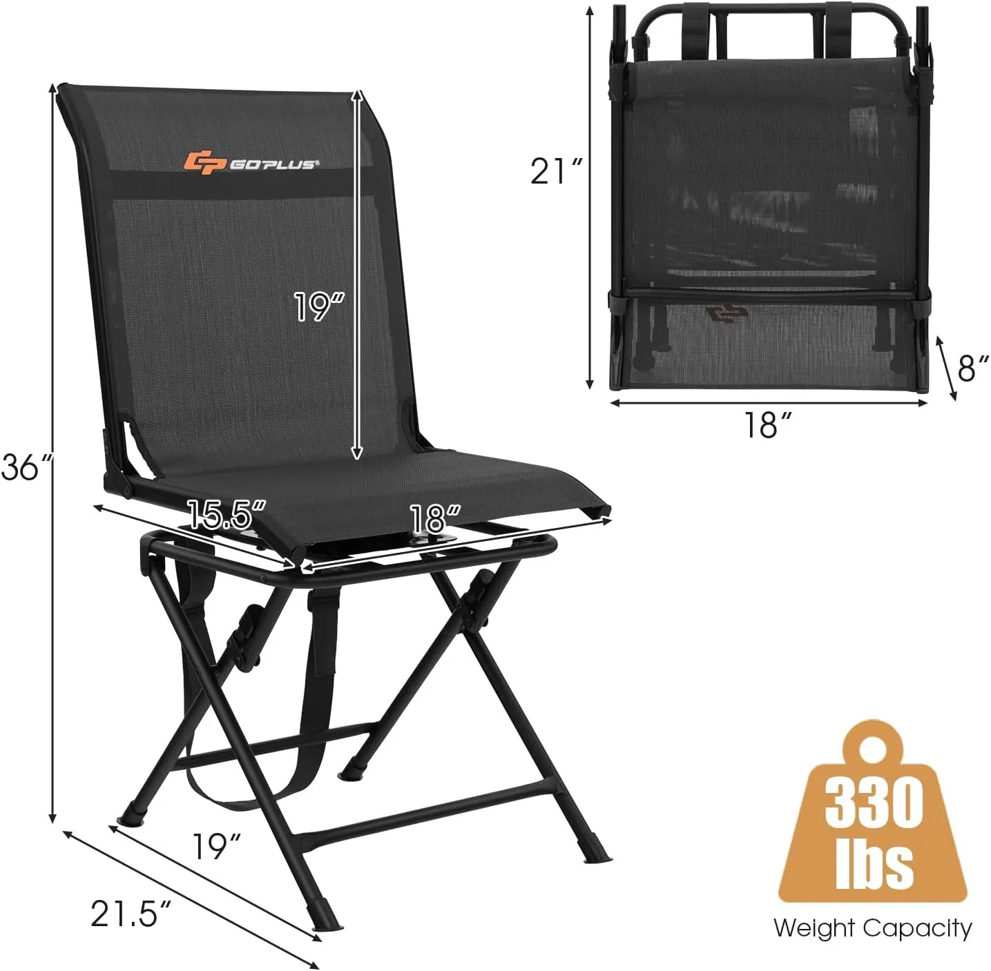 Goplus Hunting Chair, 360°Swivel Hunting Blind Chair with Carrying Strap,330LBS Capacity, Folding Silent Deer Hunting Chair, Portable Ground Blind Chair for Fishing Camping (Without Armrest, Black)