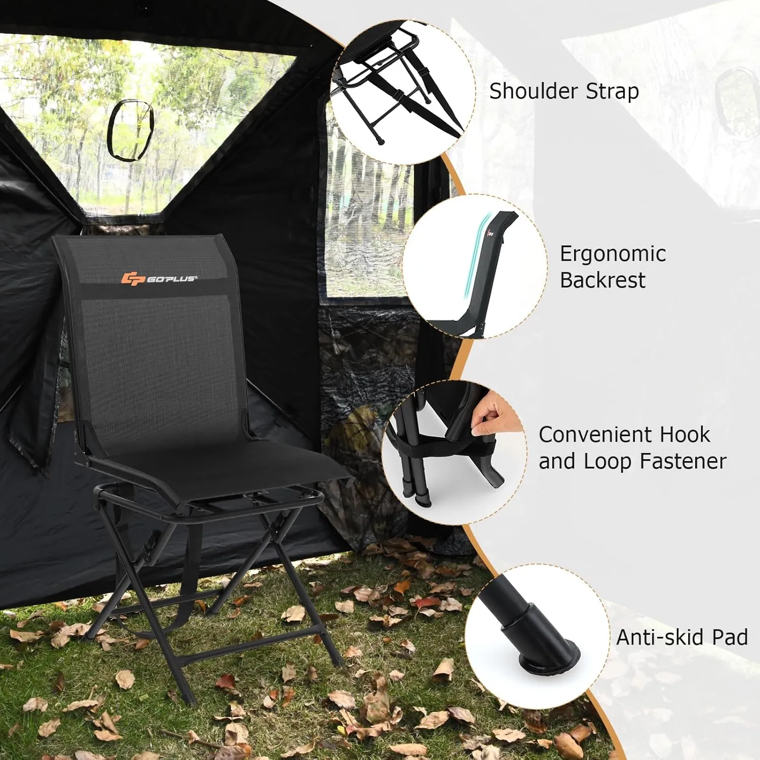 Goplus Hunting Chair, 360°Swivel Hunting Blind Chair with Carrying Strap,330LBS Capacity, Folding Silent Deer Hunting Chair, Portable Ground Blind Chair for Fishing Camping (Without Armrest, Black)
