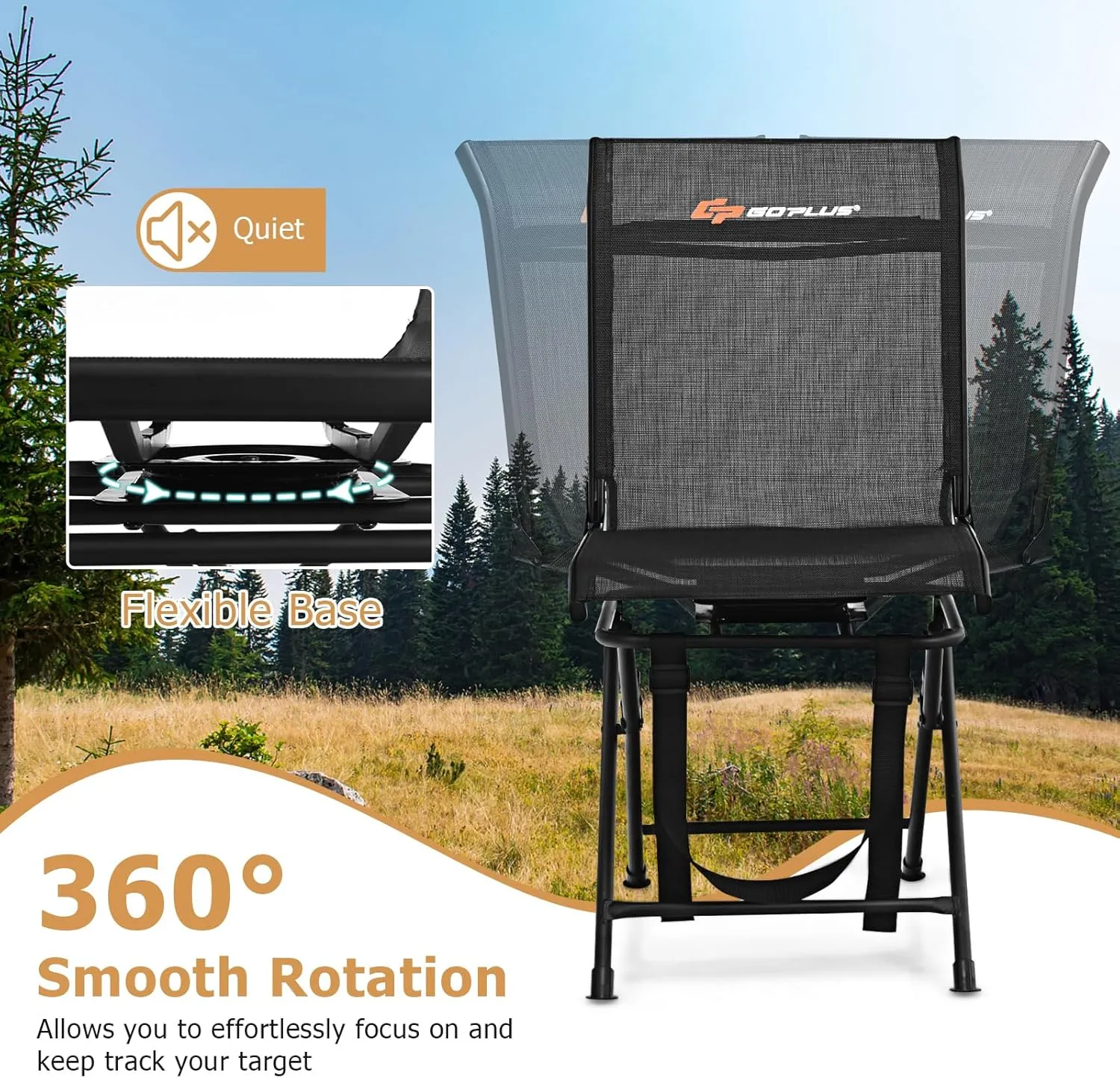 Goplus Hunting Chair, 360°Swivel Hunting Blind Chair with Carrying Strap,330LBS Capacity, Folding Silent Deer Hunting Chair, Portable Ground Blind Chair for Fishing Camping (Without Armrest, Black)