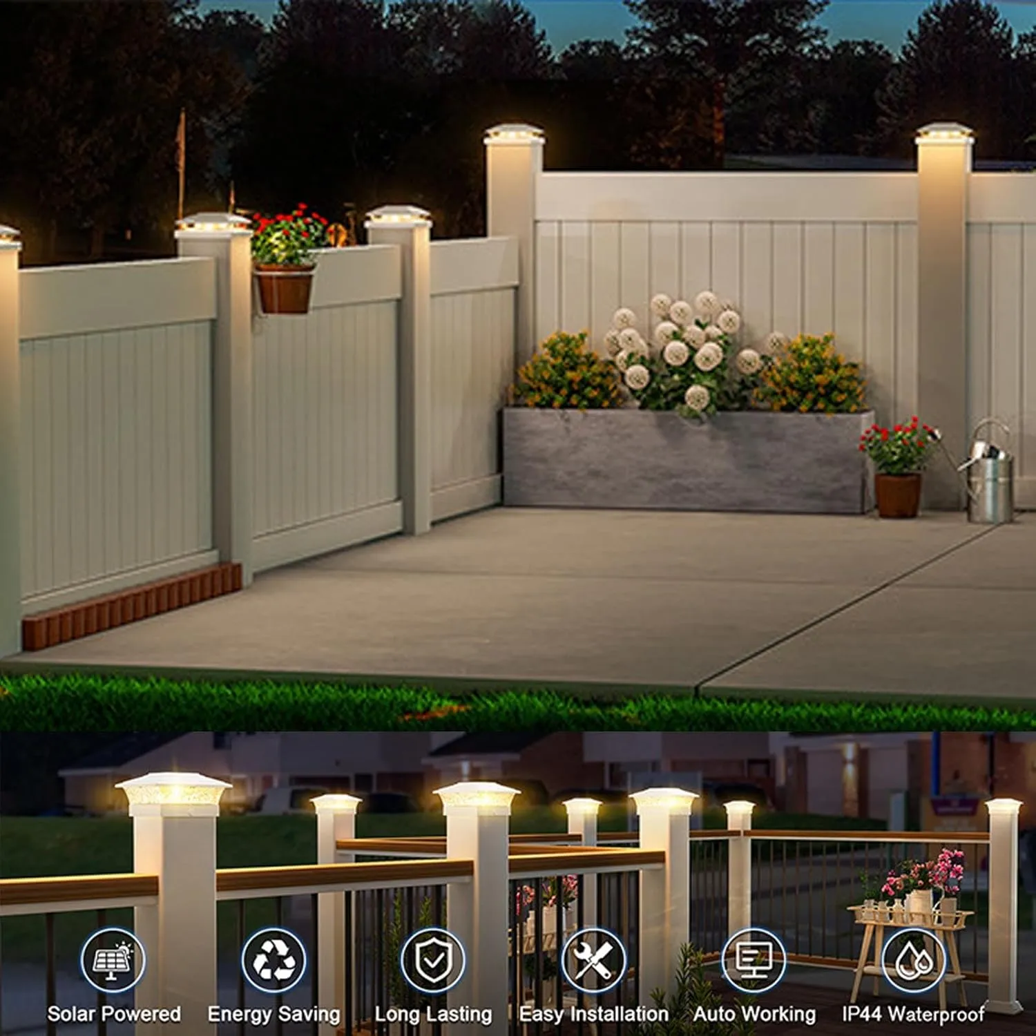 GOTOTOP 2 Pack Solar Post Light, Transparent Wave Water Design, LED White & Warm Light, Automatically Illuminate in The Dark, for Fences, Patios, Decks (White)