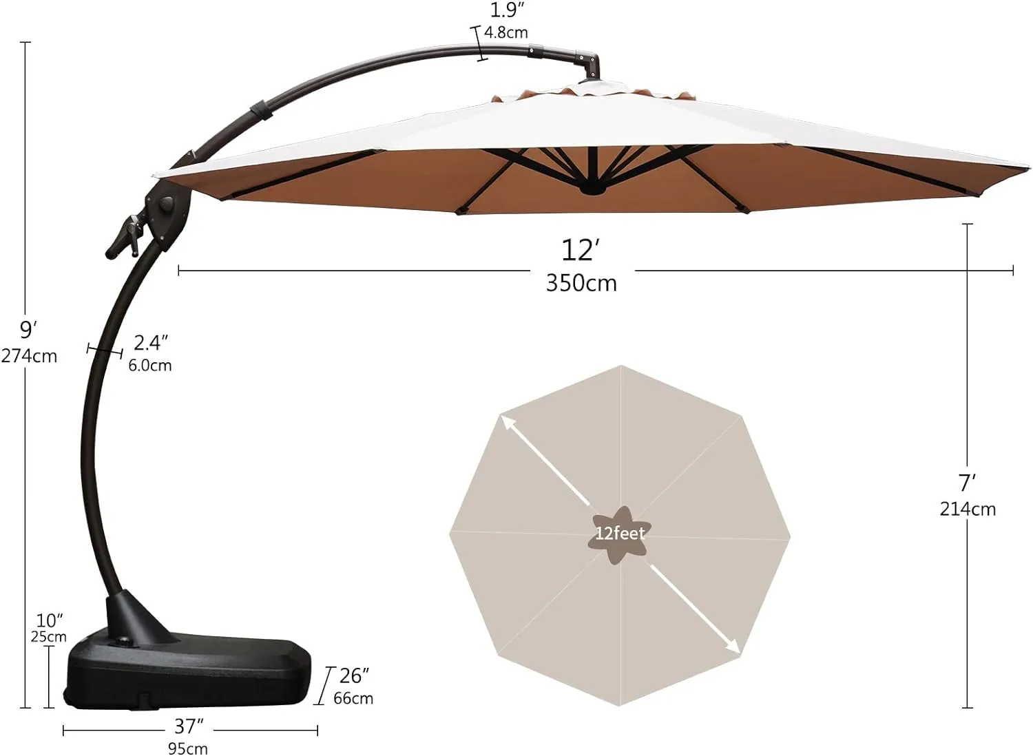 Grand patio 12 FT Sunbrella Cantilever Umbrella with Base Outdoor Aluminum Offset Umbrella Round Shade with Tilt Adjustment (Flax, 12 FT-SUNBRELLA)