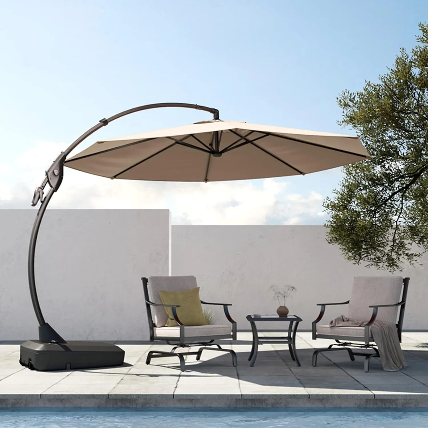 Grand patio 12 FT Sunbrella Cantilever Umbrella with Base Outdoor Aluminum Offset Umbrella Round Shade with Tilt Adjustment (Flax, 12 FT-SUNBRELLA)