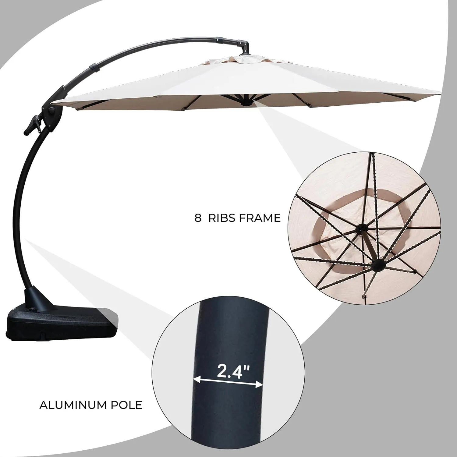 Grand patio 12 FT Sunbrella Cantilever Umbrella with Base Outdoor Aluminum Offset Umbrella Round Shade with Tilt Adjustment (Flax, 12 FT-SUNBRELLA)