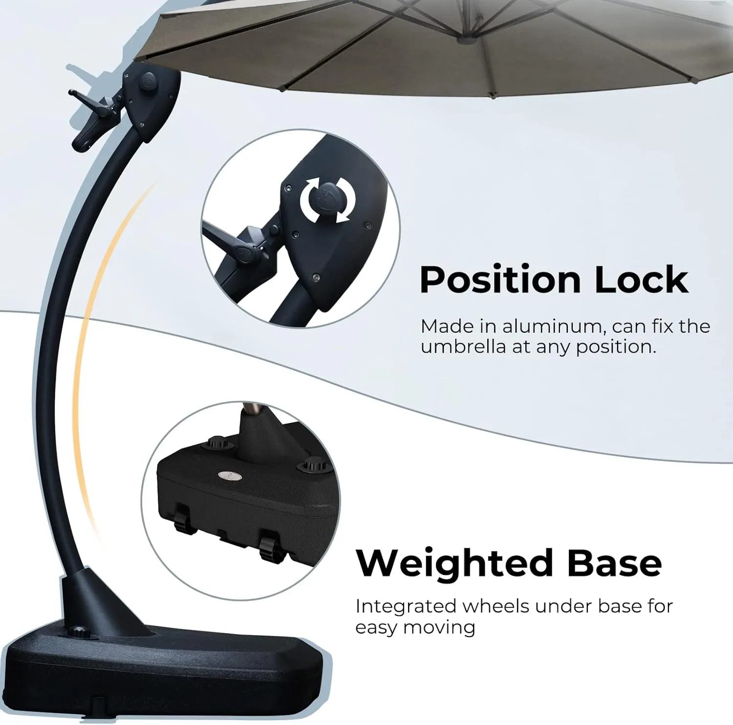 Grand patio 12 FT Sunbrella Cantilever Umbrella with Base Outdoor Round Aluminum Offset Umbrella Shade with Tilt Adjustment (Granite, 12 FT-SUNBRELLA)