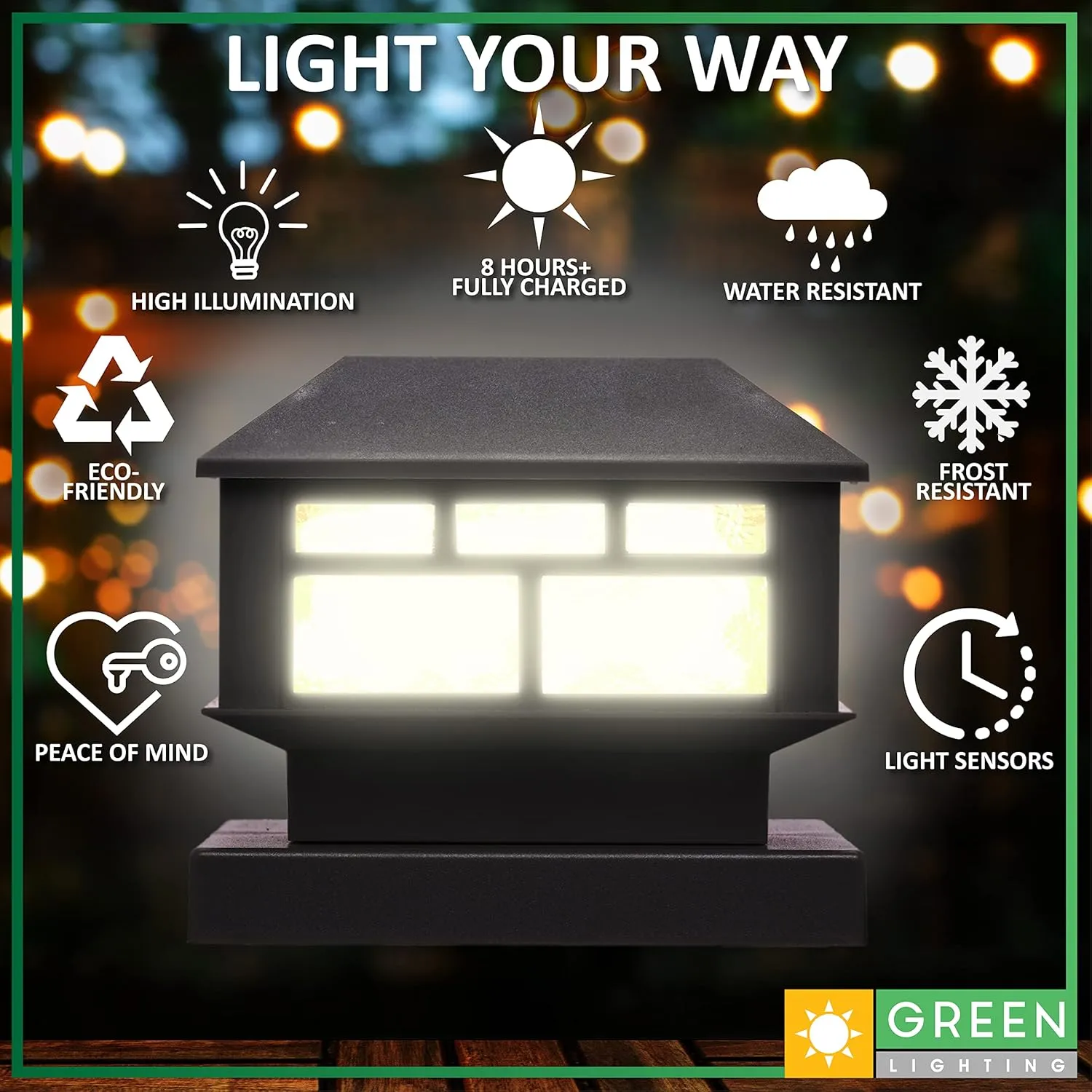 GreenLighting Modern Solar Post Cap Lights Fits 4x4 Wood, 4x4 & 5x5 PCV/Vinyl Outdoor Solar Powered Light, Fence Post, Landscaping, Deck, Garden- Bright LED, Waterproof Black 4 Pack