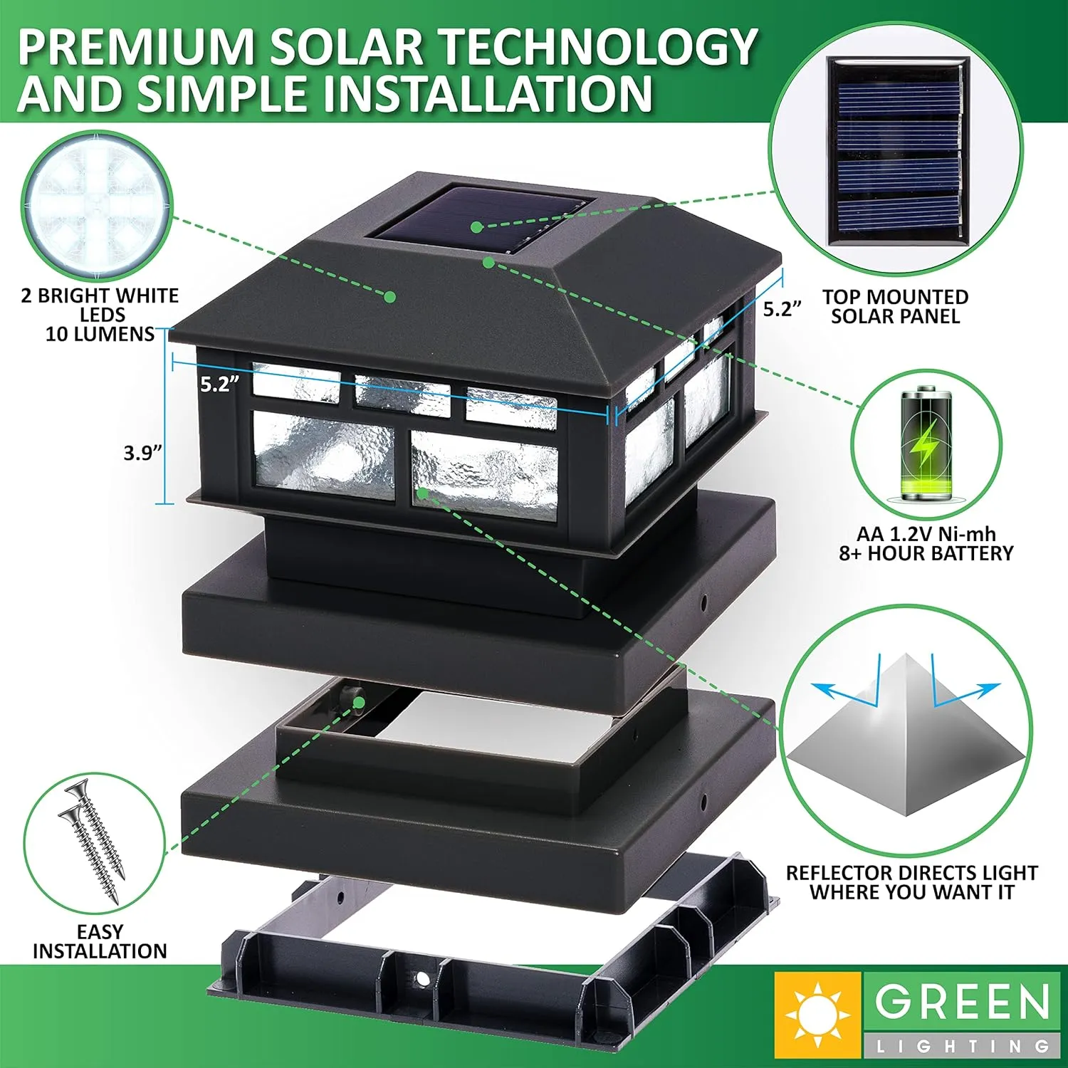 GreenLighting Modern Solar Post Cap Lights Fits 4x4 Wood, 4x4 & 5x5 PCV/Vinyl Outdoor Solar Powered Light, Fence Post, Landscaping, Deck, Garden- Bright LED, Waterproof Black 4 Pack