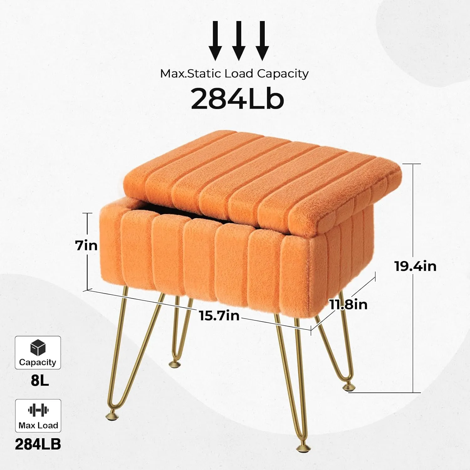 Greenstell Vanity Stool Chair Faux Fur with Storage, 15.7"L x 11.8"W x 19.4"H Soft Ottoman 4 Metal Legs with Anti-Slip Feet, Furry Padded Seat, Modern Multifunctional Chairs for Makeup, Bedroom,Orange