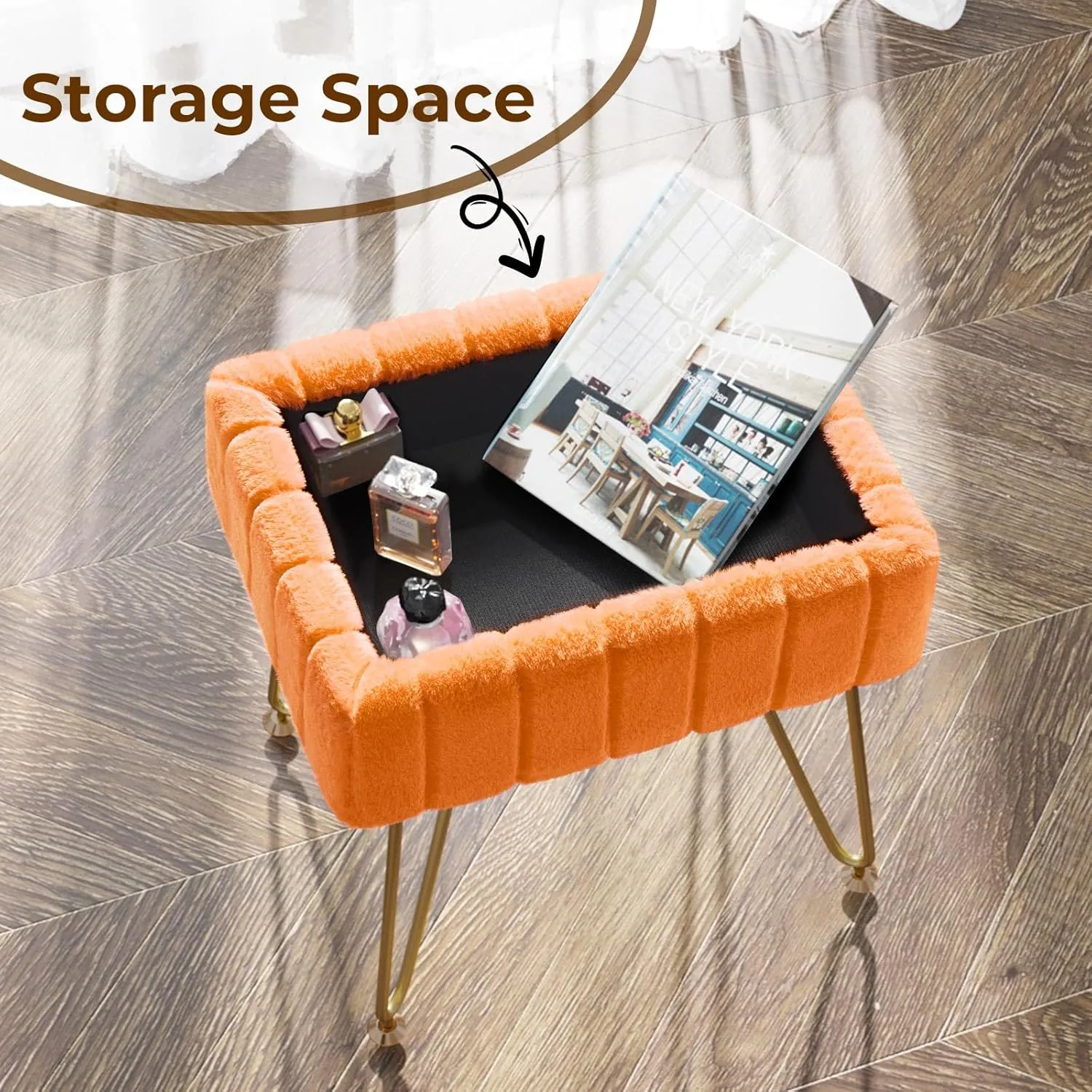 Greenstell Vanity Stool Chair Faux Fur with Storage, 15.7"L x 11.8"W x 19.4"H Soft Ottoman 4 Metal Legs with Anti-Slip Feet, Furry Padded Seat, Modern Multifunctional Chairs for Makeup, Bedroom,Orange