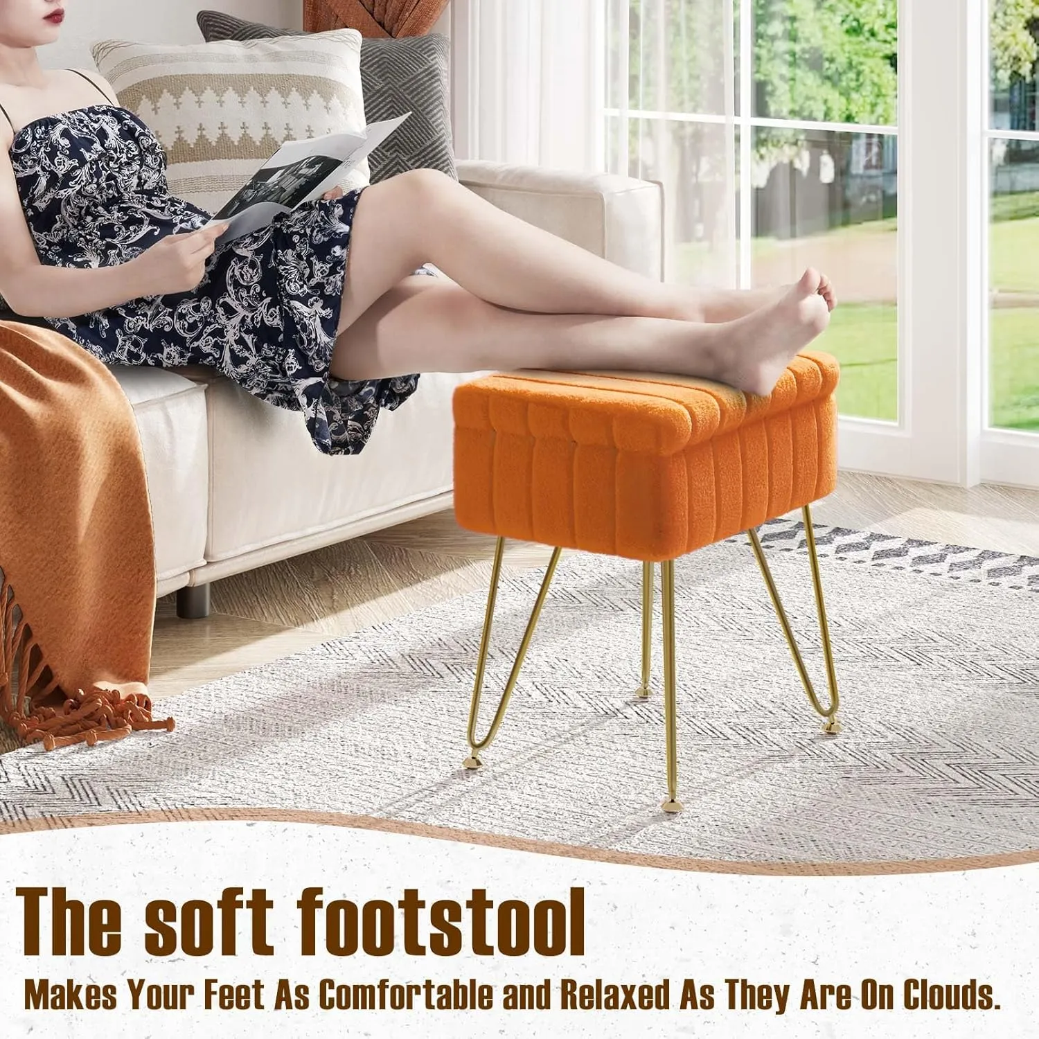 Greenstell Vanity Stool Chair Faux Fur with Storage, 15.7"L x 11.8"W x 19.4"H Soft Ottoman 4 Metal Legs with Anti-Slip Feet, Furry Padded Seat, Modern Multifunctional Chairs for Makeup, Bedroom,Orange
