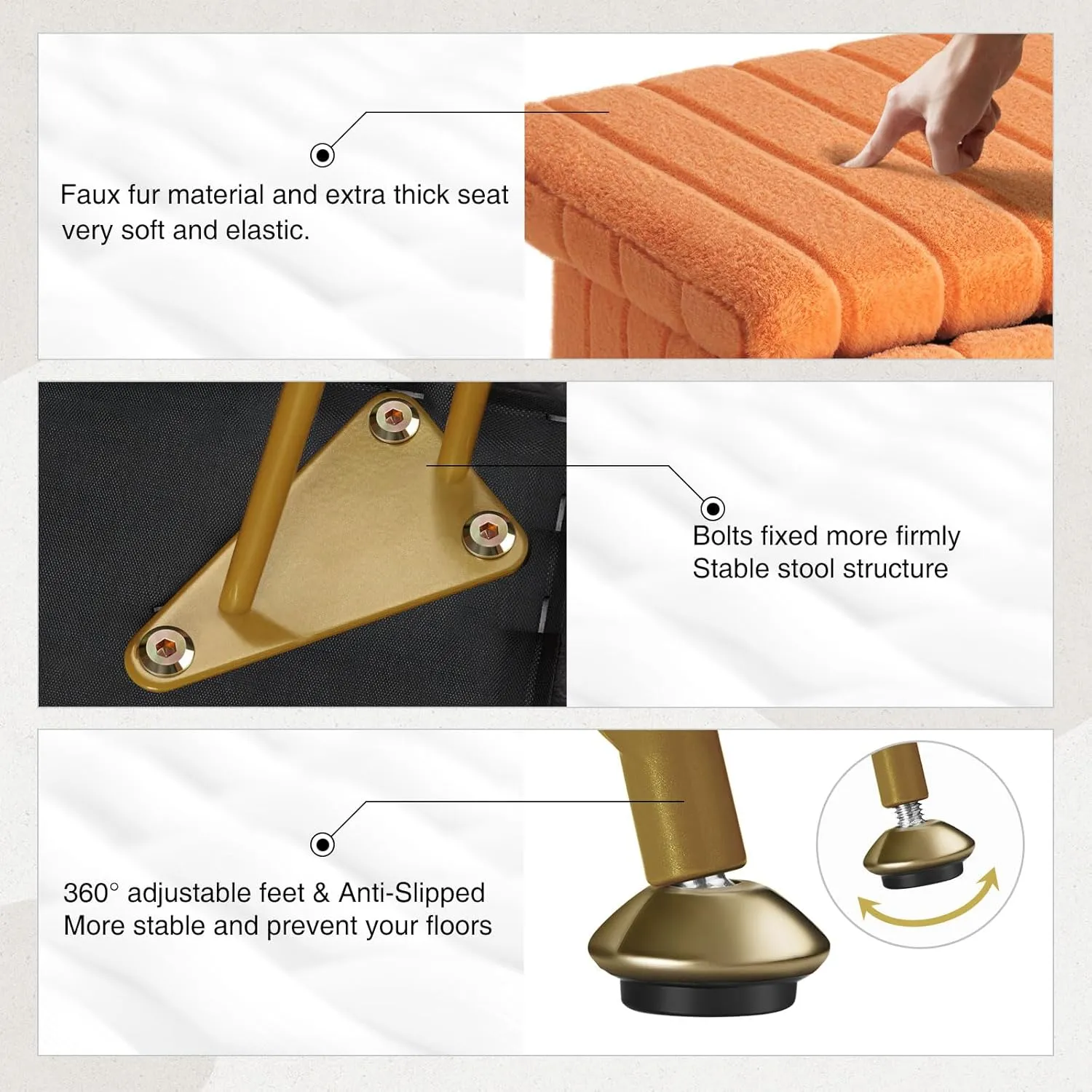 Greenstell Vanity Stool Chair Faux Fur with Storage, 15.7"L x 11.8"W x 19.4"H Soft Ottoman 4 Metal Legs with Anti-Slip Feet, Furry Padded Seat, Modern Multifunctional Chairs for Makeup, Bedroom,Orange