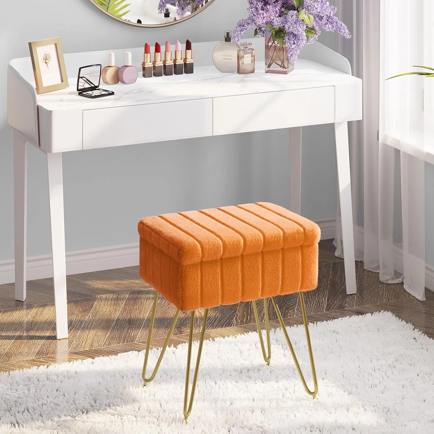 Greenstell Vanity Stool Chair Faux Fur with Storage, 15.7"L x 11.8"W x 19.4"H Soft Ottoman 4 Metal Legs with Anti-Slip Feet, Furry Padded Seat, Modern Multifunctional Chairs for Makeup, Bedroom,Orange