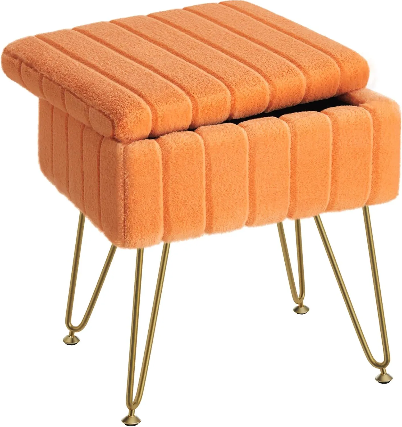 Greenstell Vanity Stool Chair Faux Fur with Storage, 15.7"L x 11.8"W x 19.4"H Soft Ottoman 4 Metal Legs with Anti-Slip Feet, Furry Padded Seat, Modern Multifunctional Chairs for Makeup, Bedroom,Orange