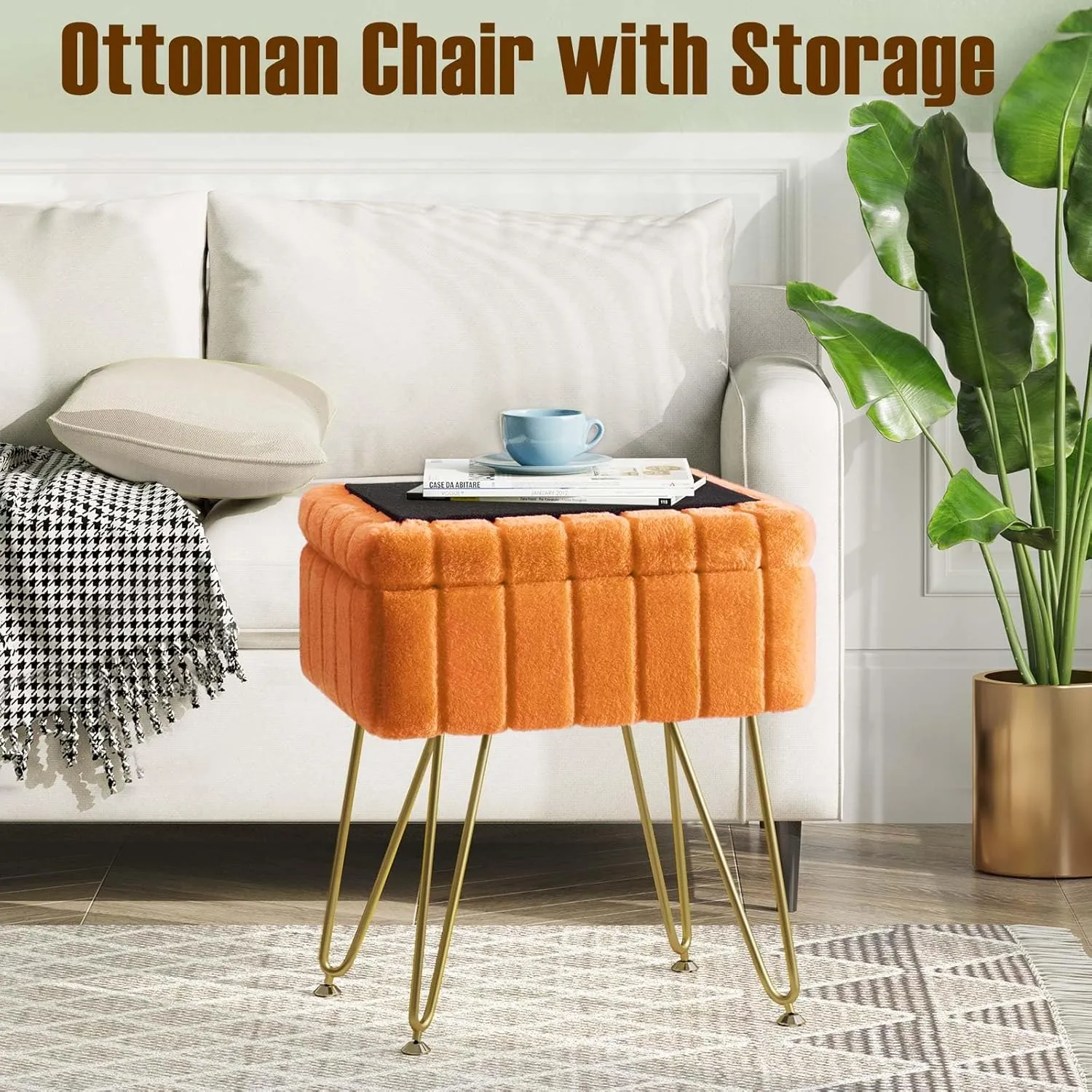 Greenstell Vanity Stool Chair Faux Fur with Storage, 15.7"L x 11.8"W x 19.4"H Soft Ottoman 4 Metal Legs with Anti-Slip Feet, Furry Padded Seat, Modern Multifunctional Chairs for Makeup, Bedroom,Orange