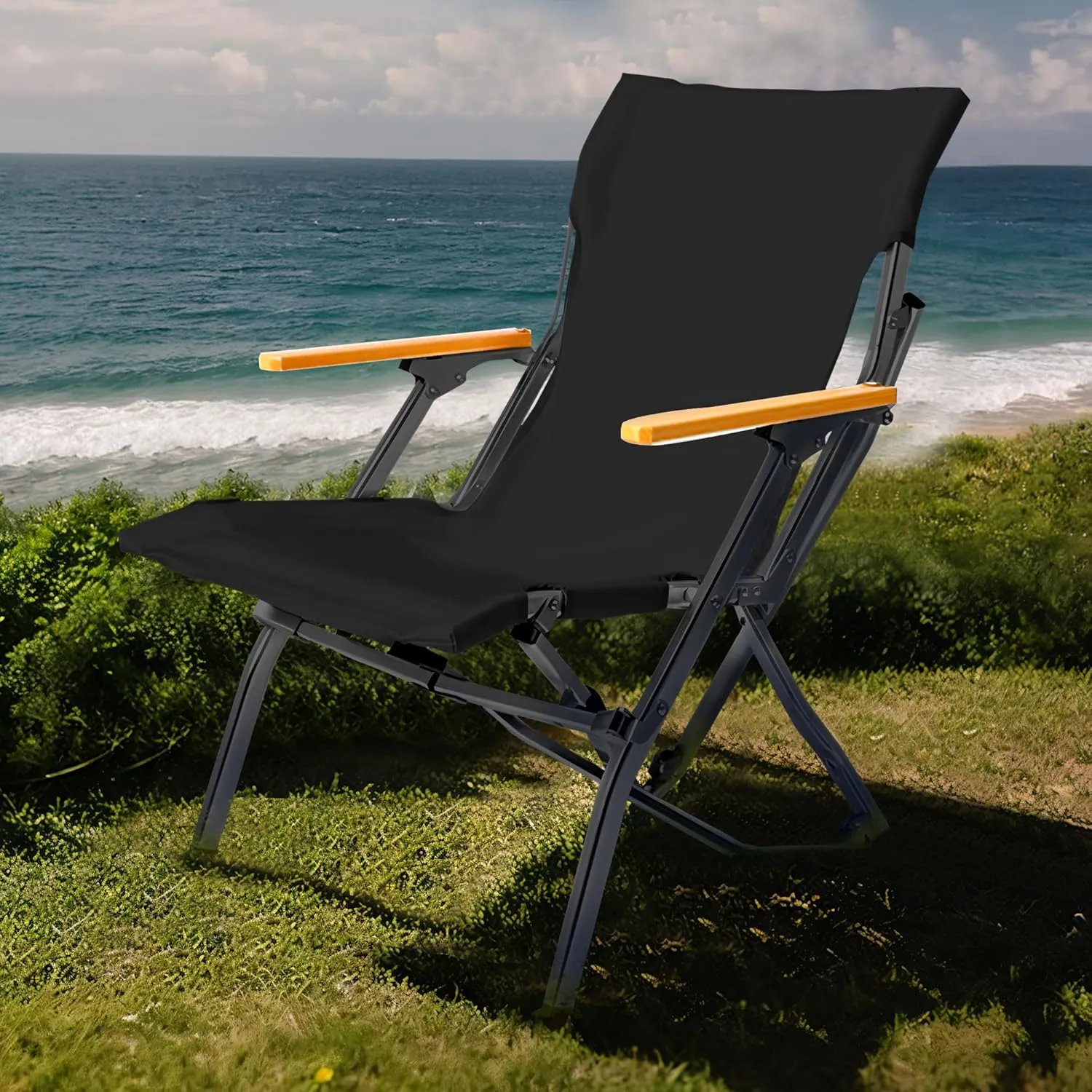 GRETERST Camping Chair Folding Portable Beach Lawn Arm Foldable Chair, Black-lowback
