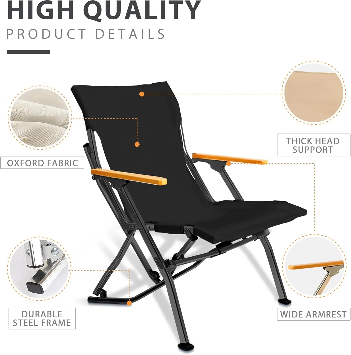 GRETERST Camping Chair Folding Portable Beach Lawn Arm Foldable Chair, Black-lowback