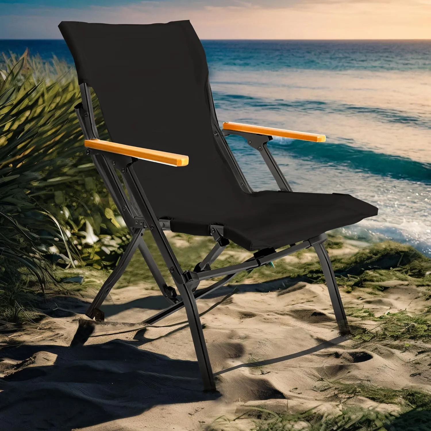 GRETERST Camping Chair Folding Portable Beach Lawn Arm Foldable Chair, Black-lowback