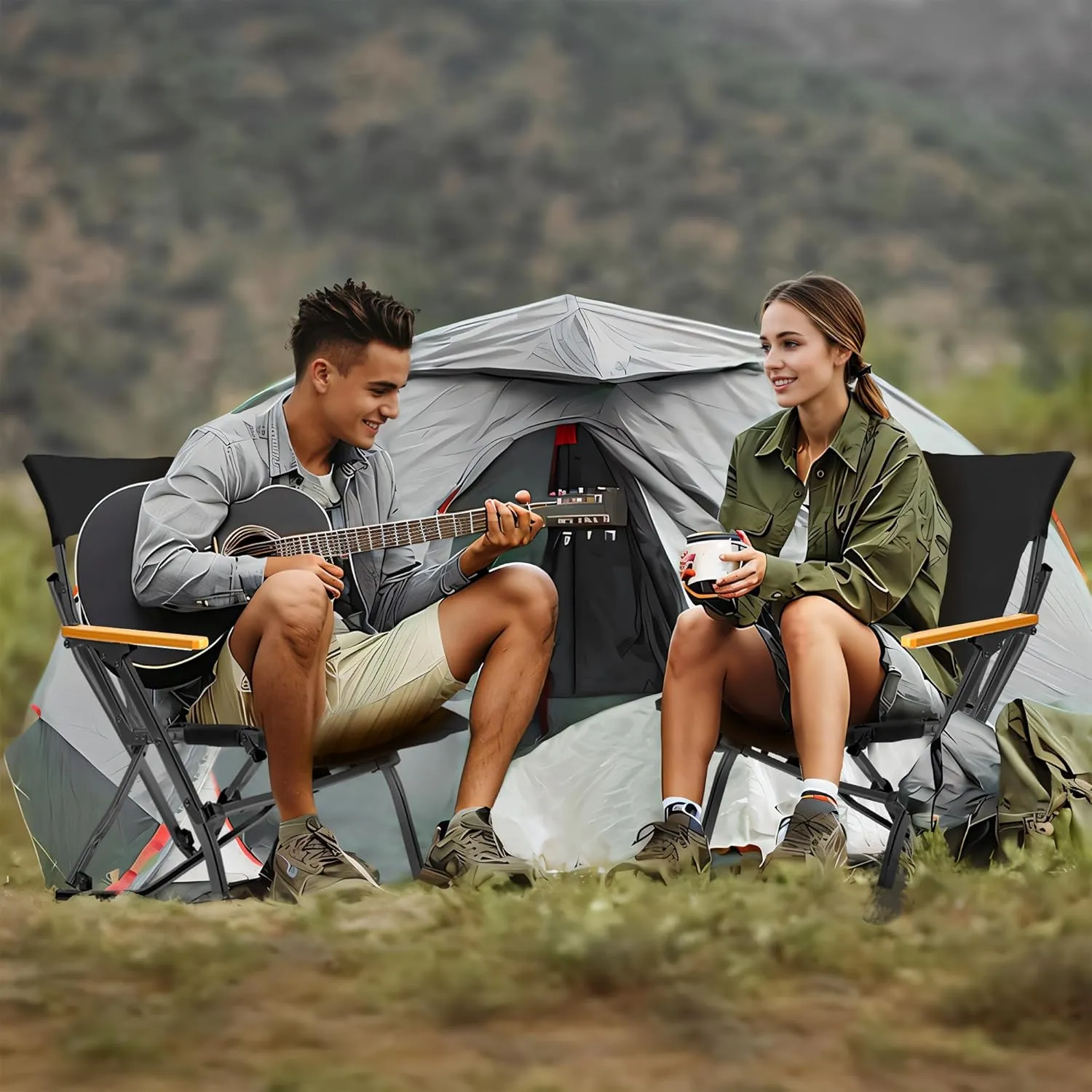GRETERST Camping Chair Folding Portable Beach Lawn Arm Foldable Chair, Black-lowback