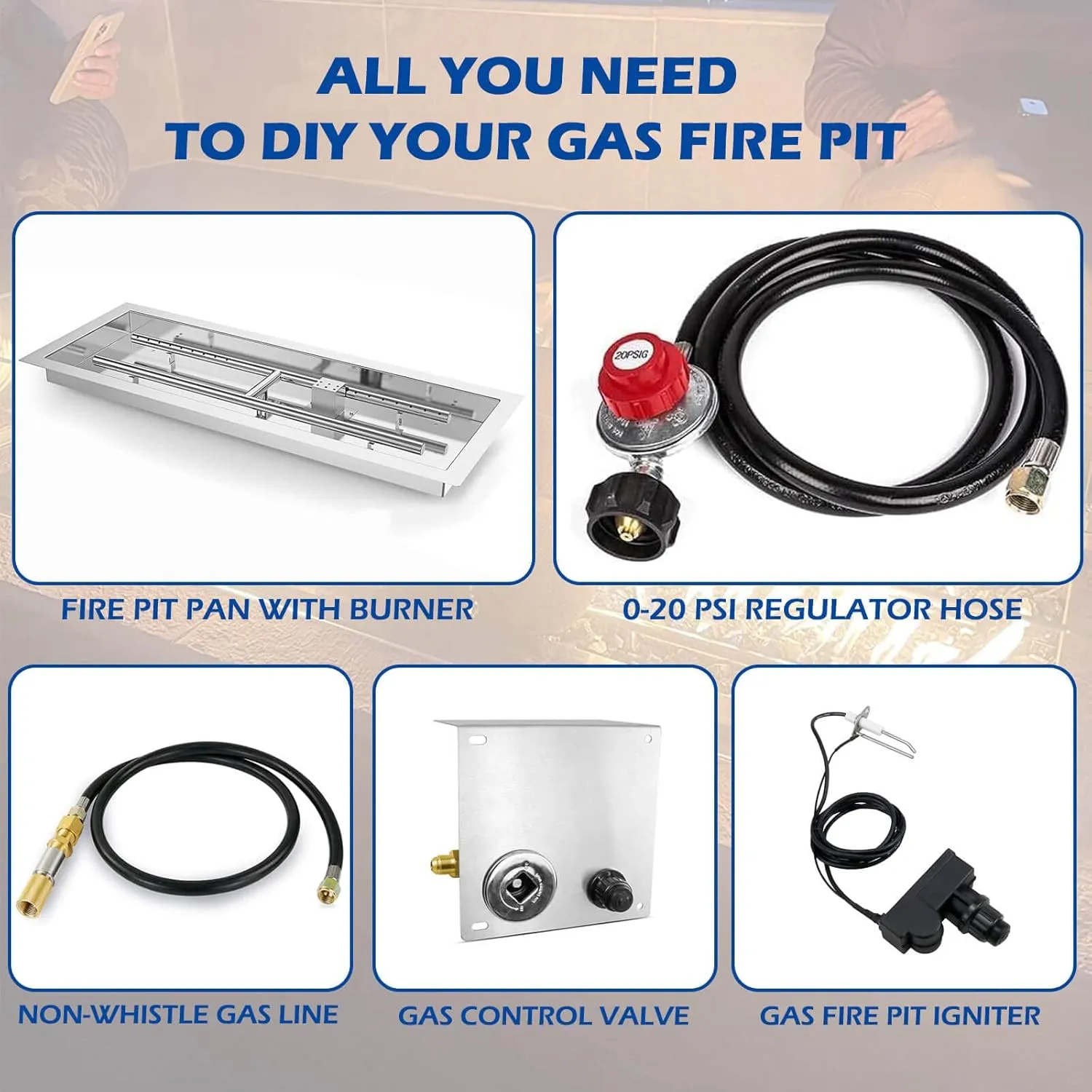 GRISUN Drop-in Fire Pit Kit 30 x 10 Inch, H-Shape Burner with Pan, Come with Upgraded Spark Ignition Kit for Gas Fire Pit, Fire Pit Table Insert Stainless Steel, Suitable for Indoor Outdoor Decoration