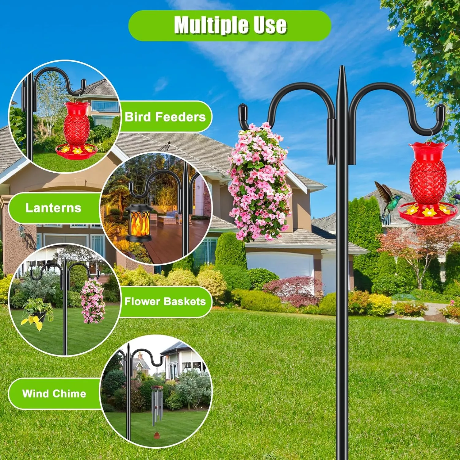 Gtongoko Double Shepherds Hook for Outdoor, 2 Pack 92 Inch Heavy Duty Bird Feeder Pole 3/4 Inch Thick Garden Hooks for Hanging Hummingbird Feeder, Plant Baskets, Solar Light Lanterns