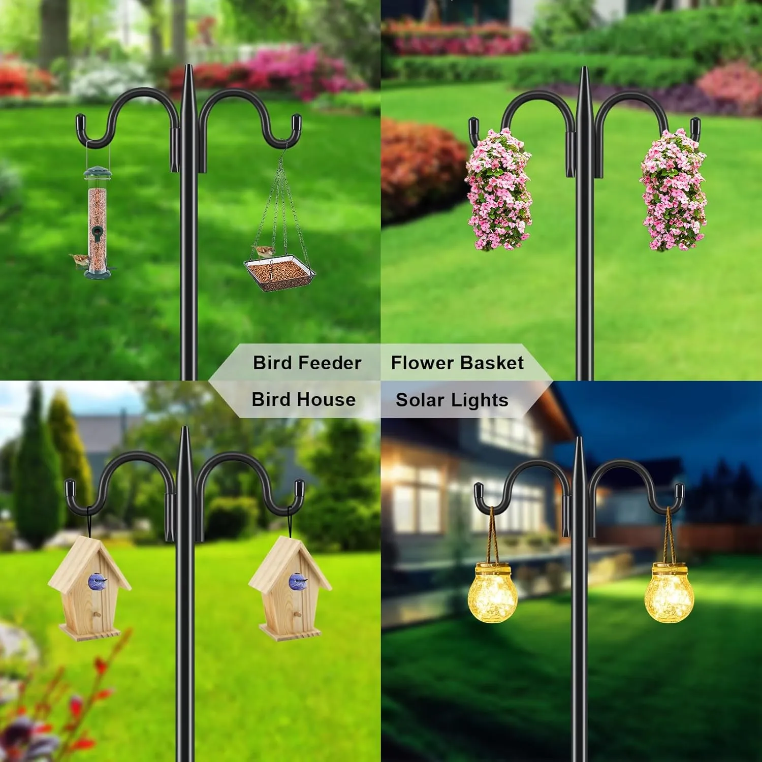 Gtongoko Double Shepherds Hook for Outdoor, 2 Pack 92 Inch Heavy Duty Bird Feeder Pole 3/4 Inch Thick Garden Hooks for Hanging Hummingbird Feeder, Plant Baskets, Solar Light Lanterns