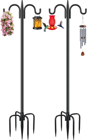 Gtongoko Double Shepherds Hook for Outdoor, 2 Pack 92 Inch Heavy Duty Bird Feeder Pole 3/4 Inch Thick Garden Hooks for Hanging Hummingbird Feeder, Plant Baskets, Solar Light Lanterns