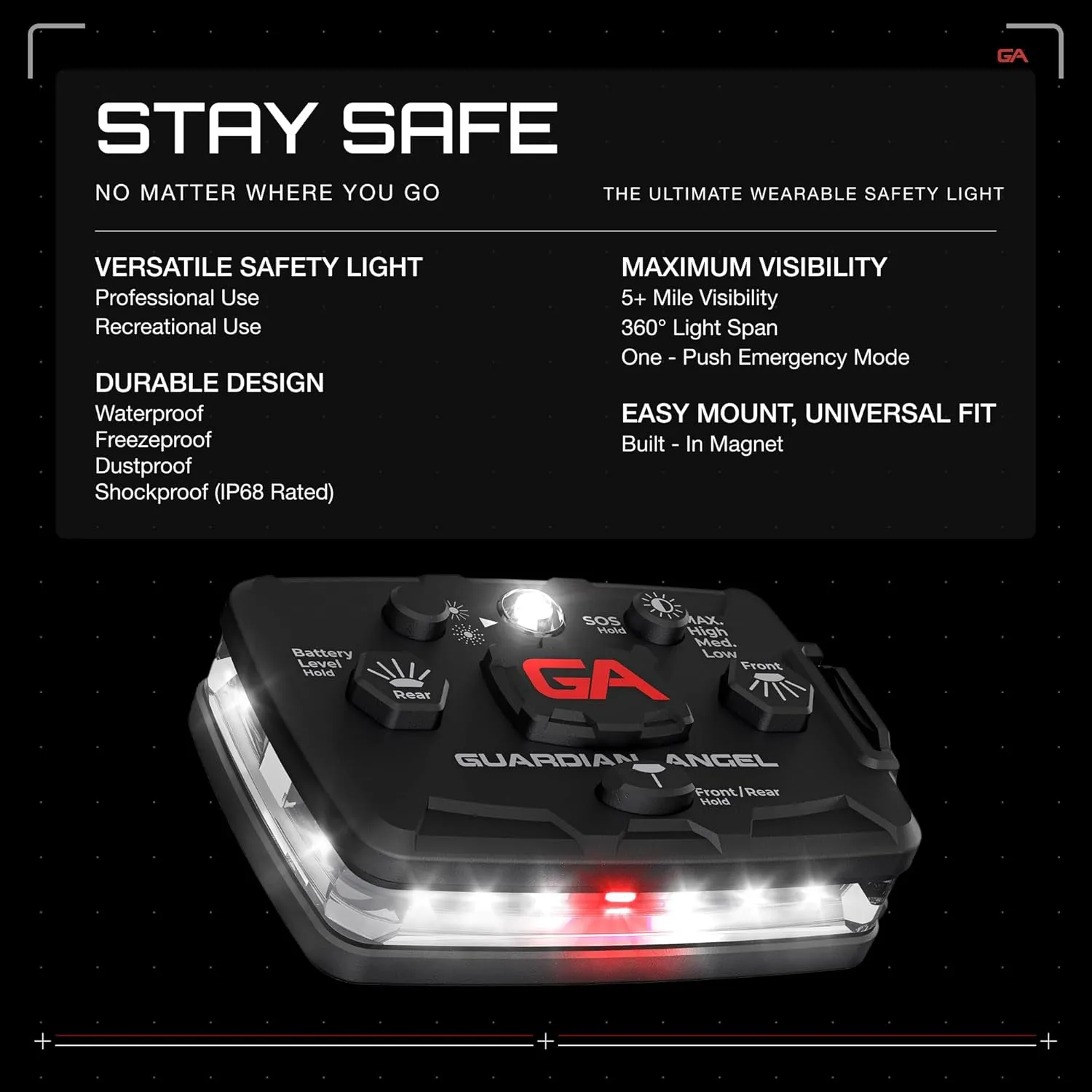 Guardian Angel Elite Series Safety Light, Beacon Device (White Front & White Rear) Rechargeable, Magnetic, Hands-Free Wearable & Mountable LED Flashlight for Industrial PPE, Boat Signal & Mechanics