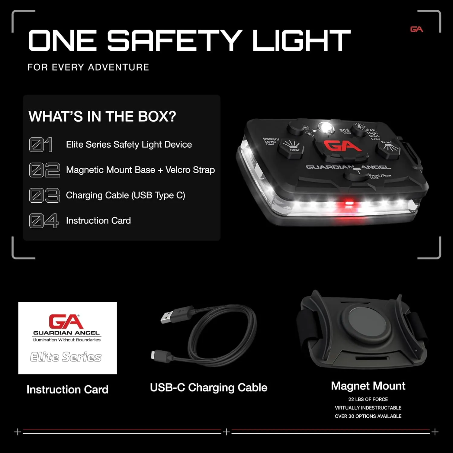 Guardian Angel Elite Series Safety Light, Beacon Device (White Front & White Rear) Rechargeable, Magnetic, Hands-Free Wearable & Mountable LED Flashlight for Industrial PPE, Boat Signal & Mechanics