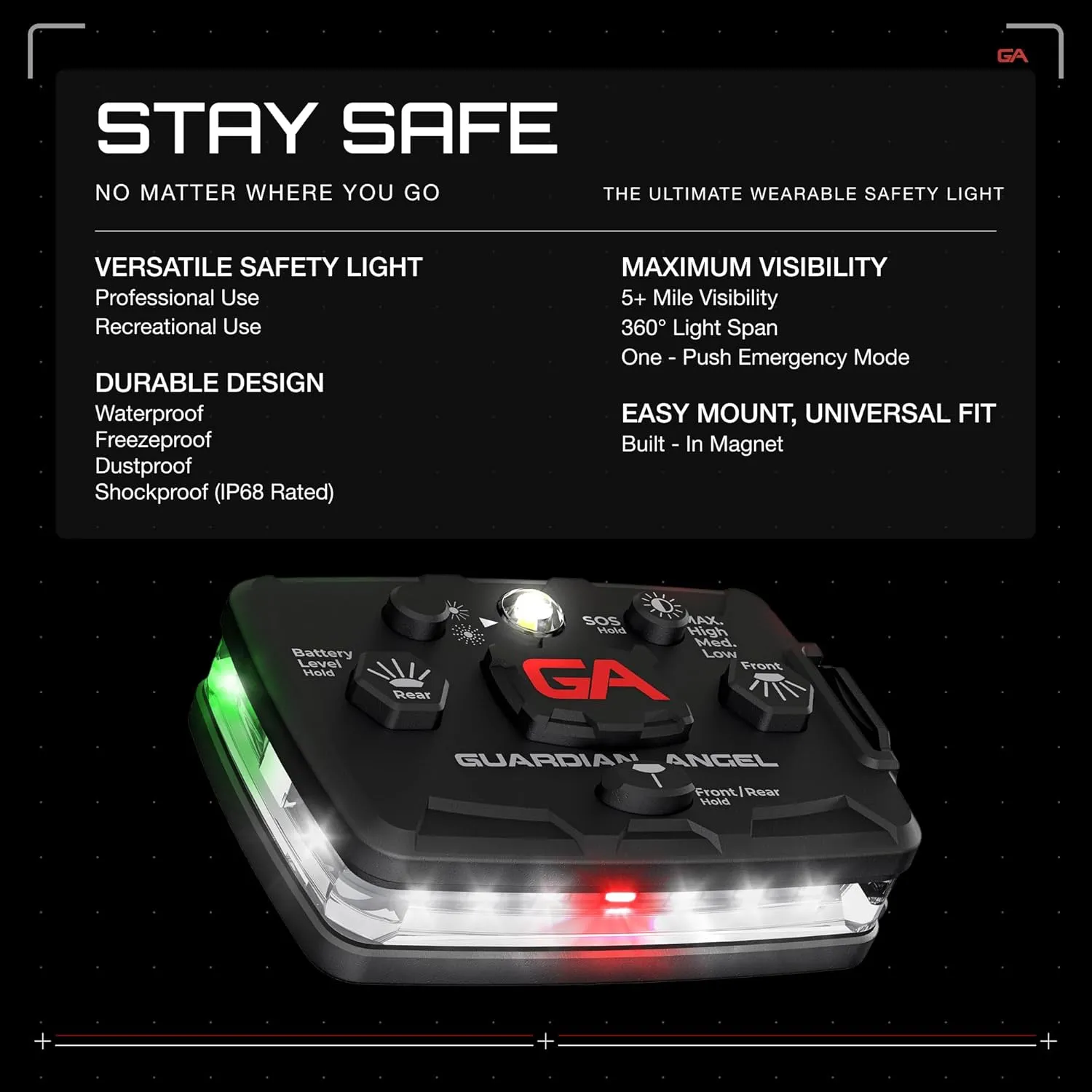 Guardian Angel Elite Series Safety Light - (White Front & Green Rear) - Rechargeable, Magnetic, Hands-Free, Wearable & Mountable LED Flashlight for Construction, Roadside, Towing & Industrial PPE