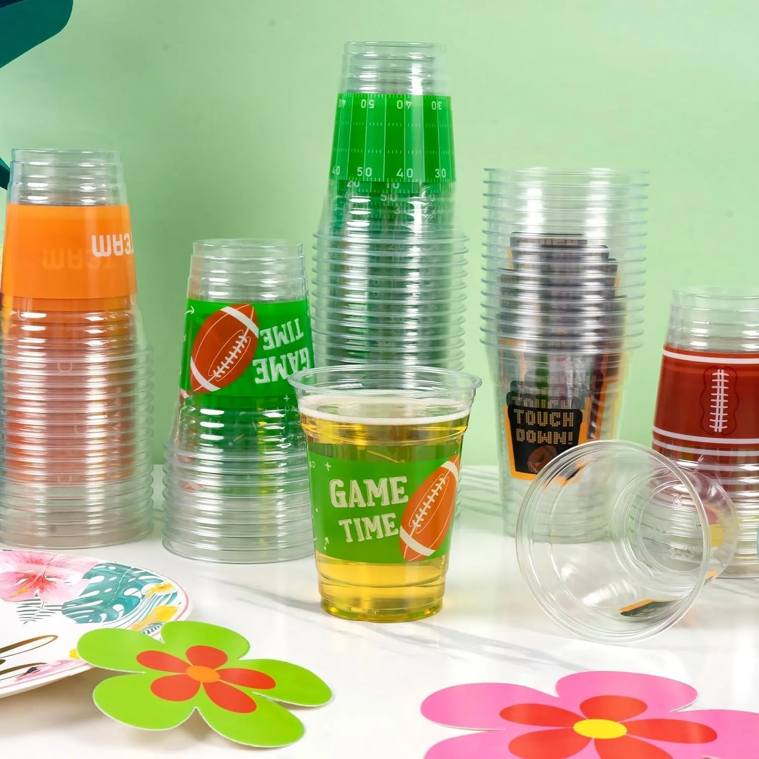 GuassLee 50 Party Cups - 12oz Clear Plastic Football Cups for Tailgate Sports Party Decorations Supplies Favors