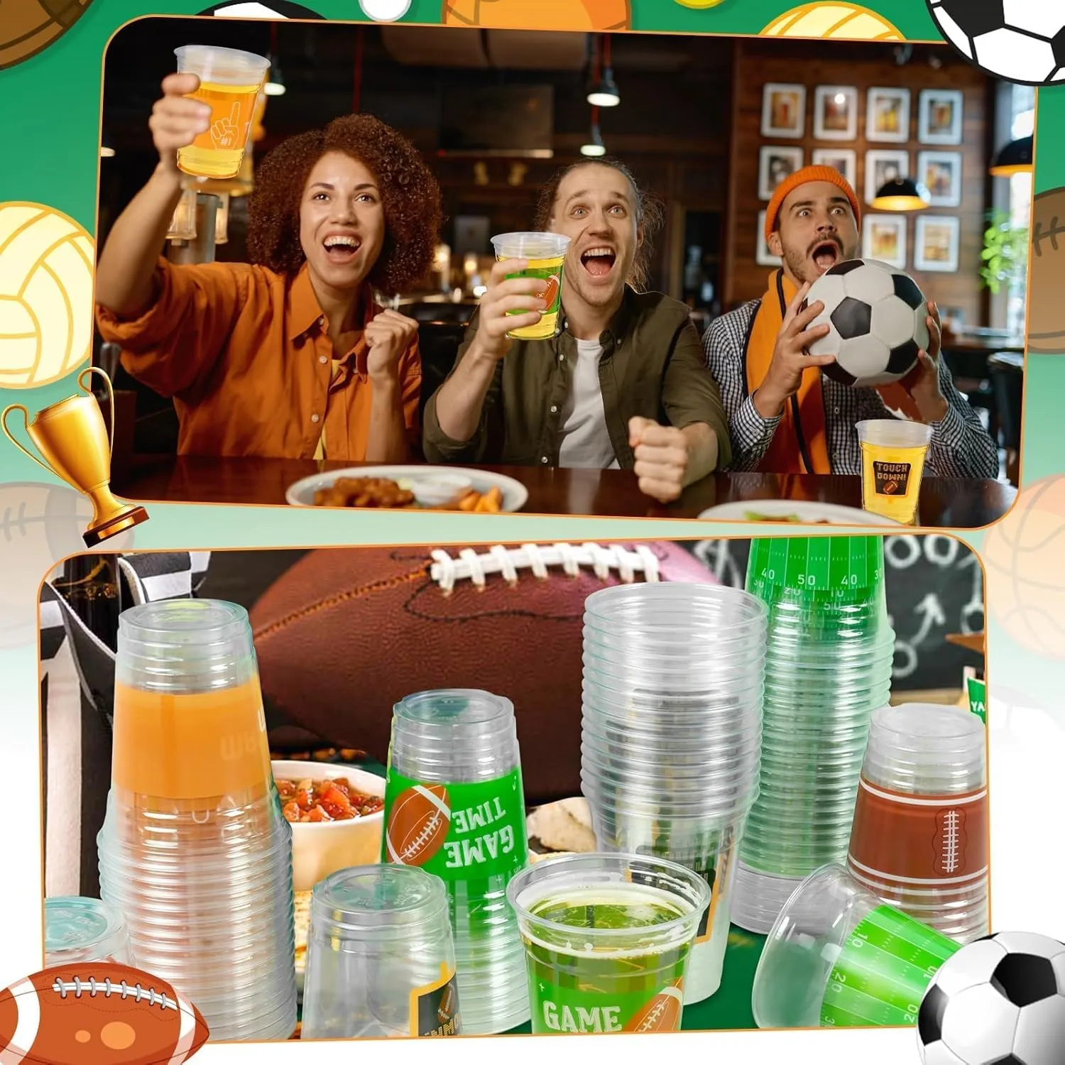 GuassLee 50 Party Cups - 12oz Clear Plastic Football Cups for Tailgate Sports Party Decorations Supplies Favors