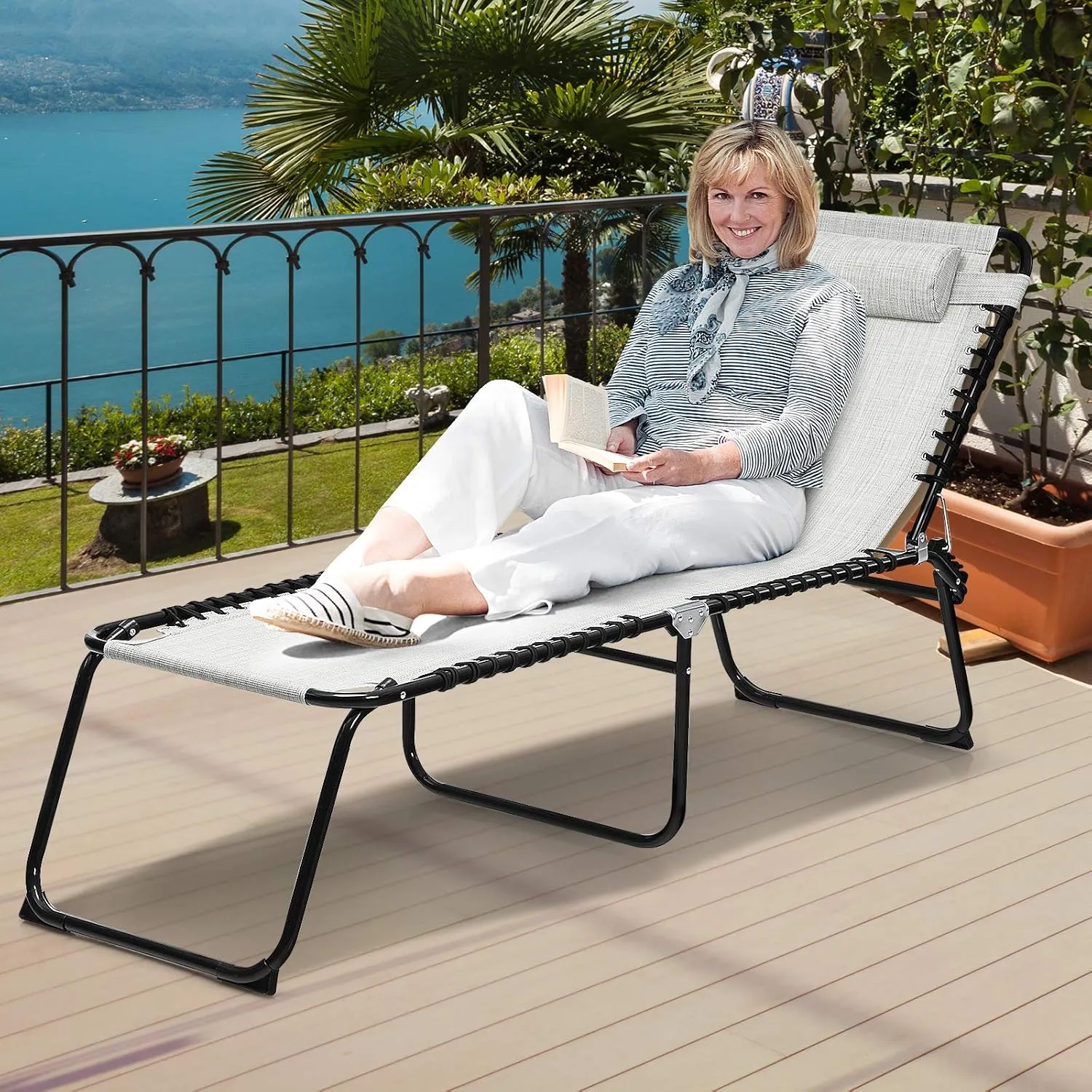 GYMAX Adjustable Chaise Lounge, Folding Lightweight Patio Recliner with Removable Pillow, Poolside Beach Sunbathing Chair for Outdoor/Indoor (Grey)