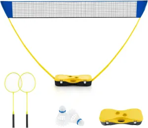 GYMAX Badminton Set, Portable All-In-One Volleyball Net Set with 2 Badminton Rackets, 2 Birdies, Storage Base & Poles, Folding Sports Net Set for Kids Team Game, Indoor & Outdoor Backyard, Beach, Lawn