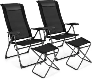 GYMAX Folding Camping Chair, Patio Recline Chair with Ottomans with 7-Level Adjustable Backrest & Back Pocket, Foldable Portable Lounge Chair with Stools for Backyard, Outdoor/Indoor (2, Black)