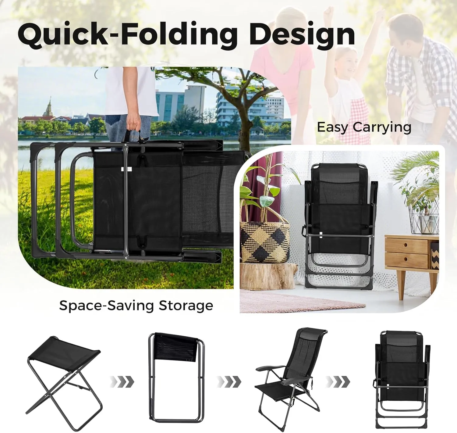 GYMAX Folding Camping Chair, Patio Recline Chair with Ottomans with 7-Level Adjustable Backrest & Back Pocket, Foldable Portable Lounge Chair with Stools for Backyard, Outdoor/Indoor (2, Black)